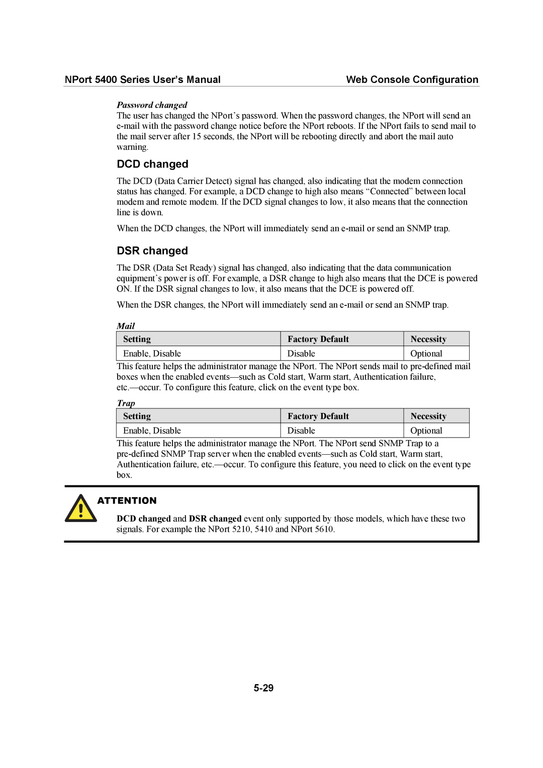 Moxa Technologies 5400 Series user manual DCD changed, DSR changed, Password changed, Mail, Trap 