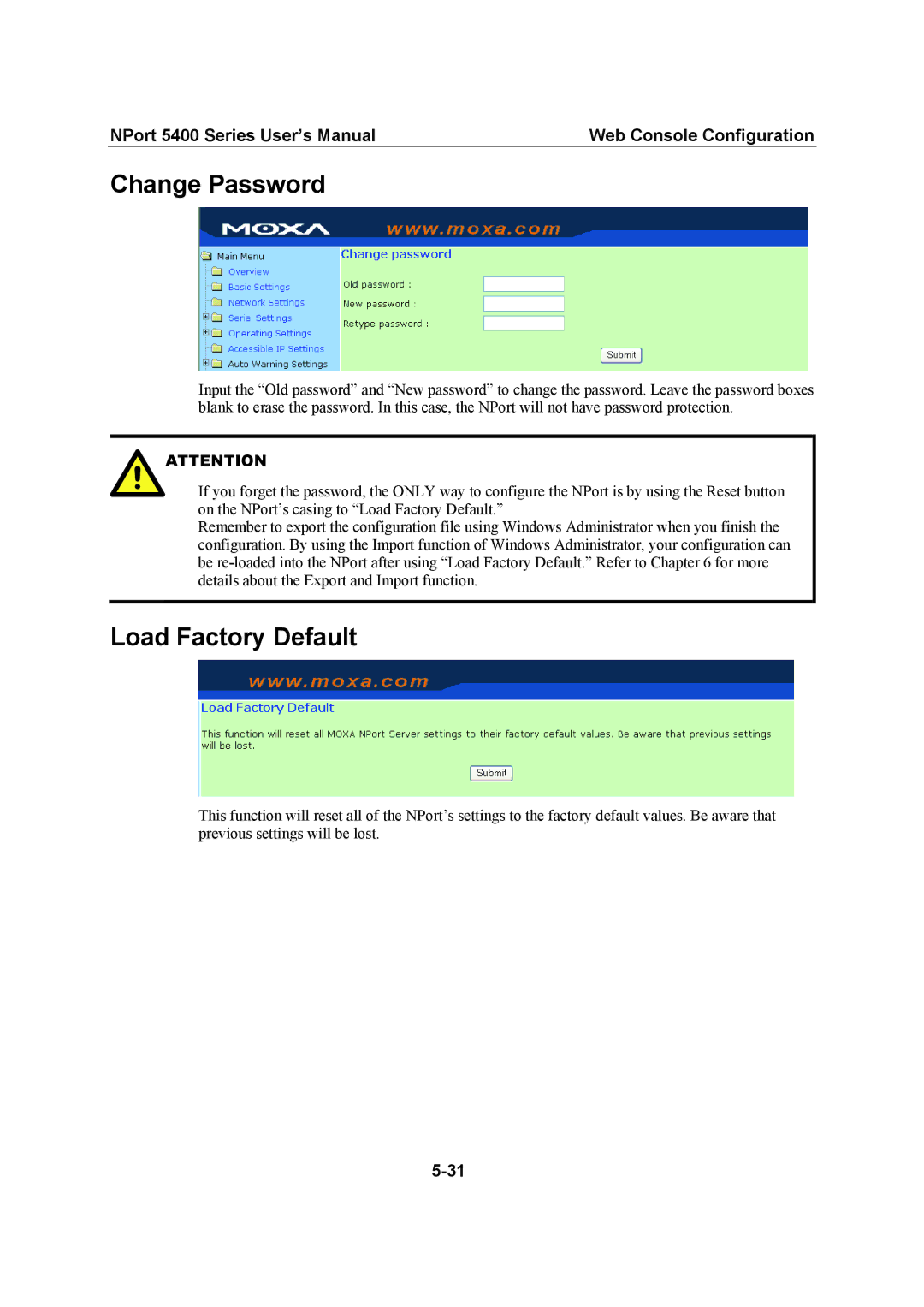 Moxa Technologies 5400 Series user manual Change Password, Load Factory Default 