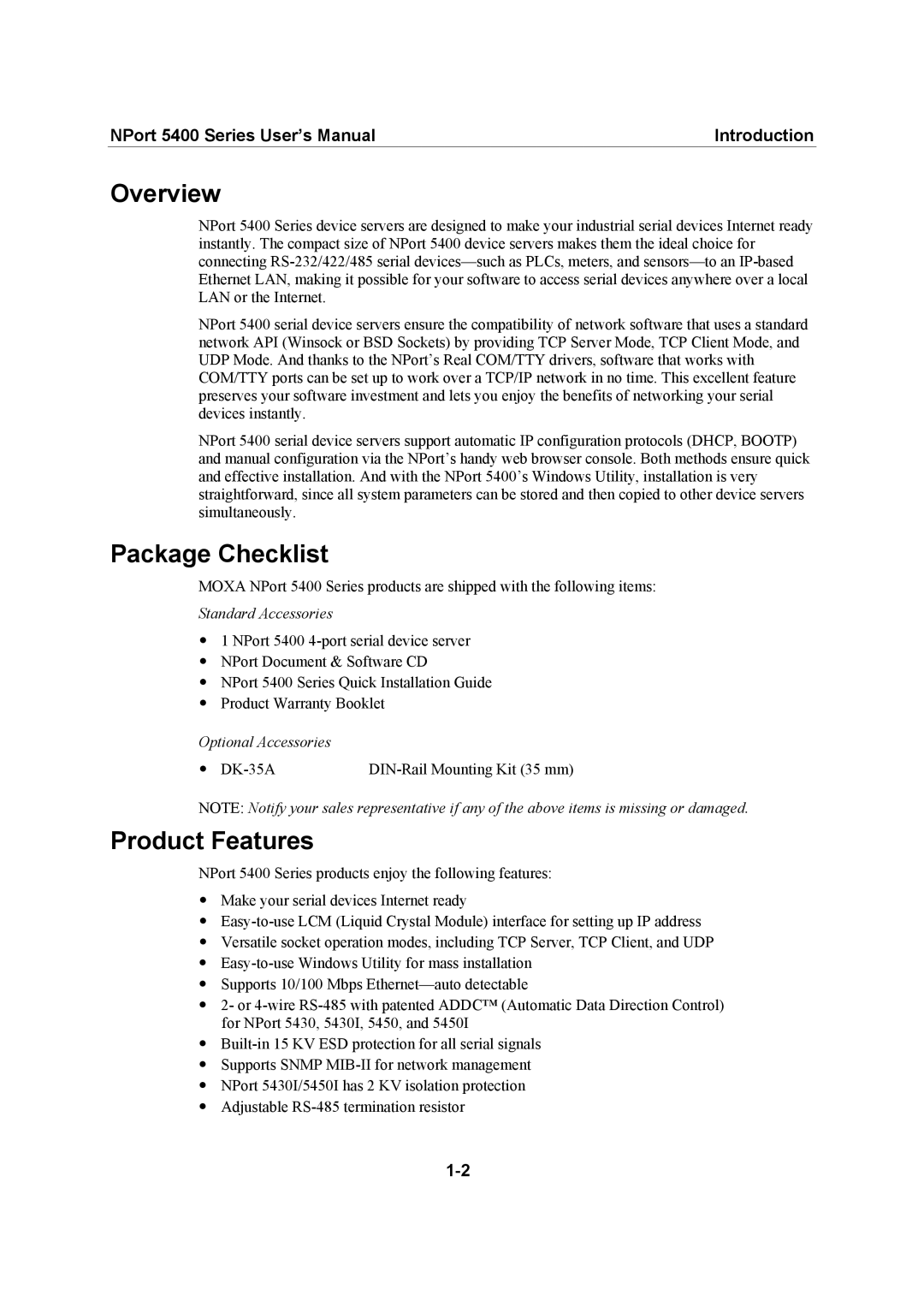 Moxa Technologies 5400 Series user manual Overview, Package Checklist, Product Features 