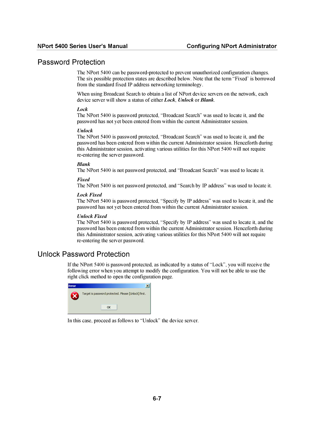 Moxa Technologies 5400 Series user manual Unlock Password Protection 