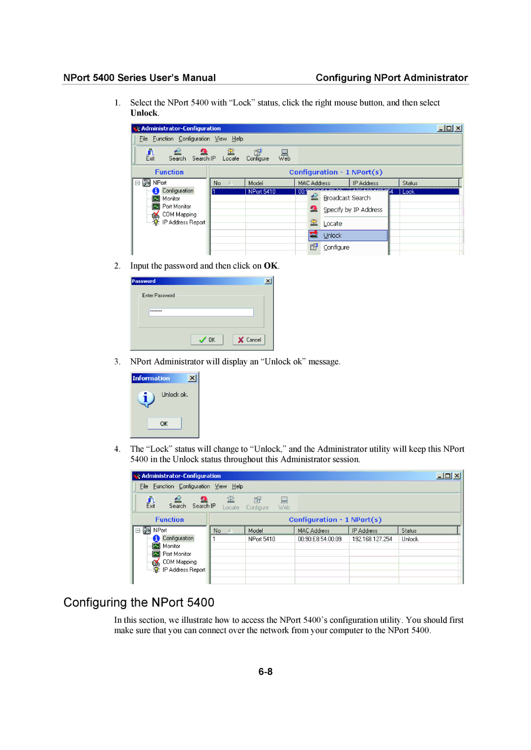 Moxa Technologies 5400 Series user manual Configuring the NPort 