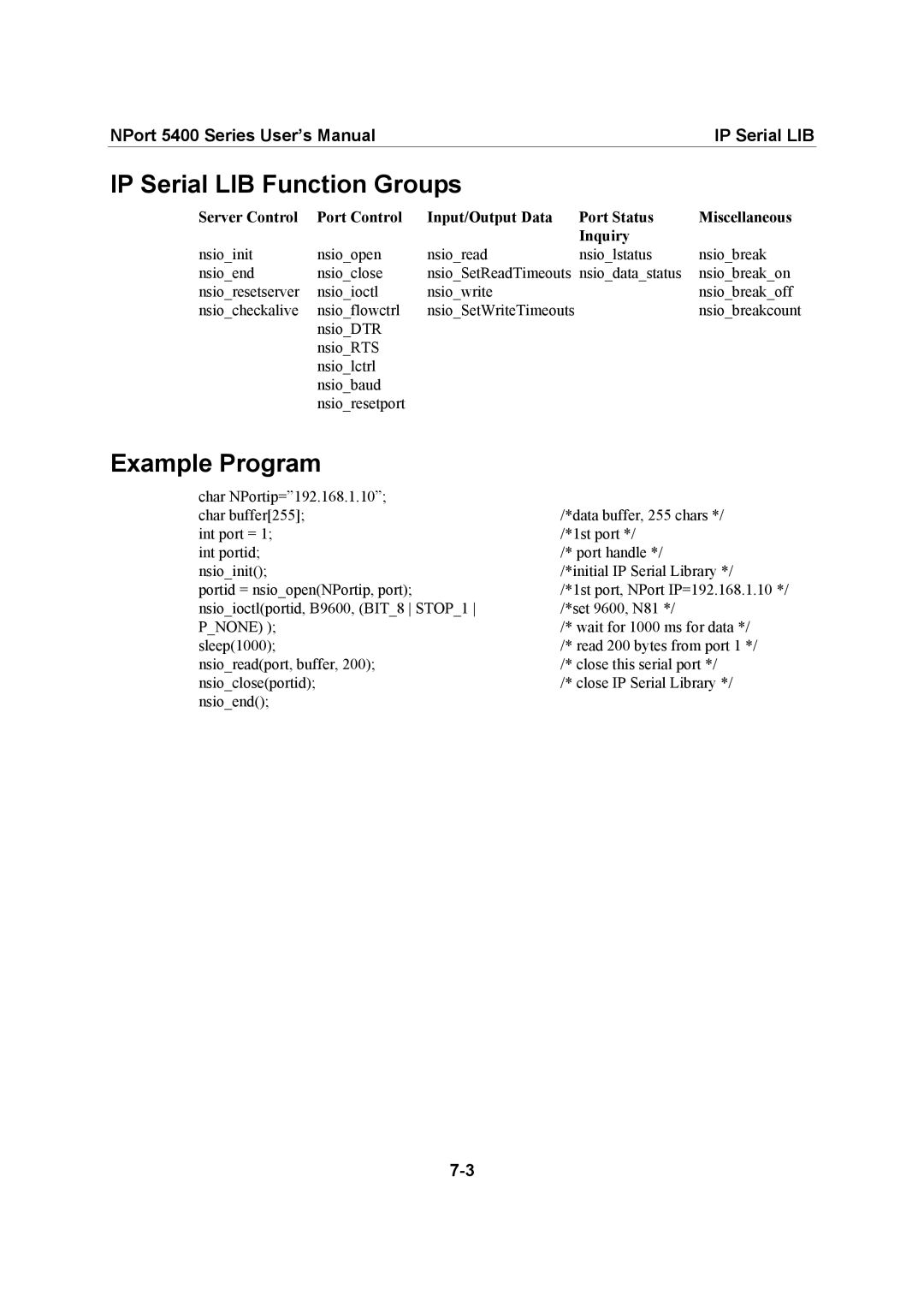 Moxa Technologies 5400 Series user manual IP Serial LIB Function Groups, Example Program, Server Control, Inquiry 