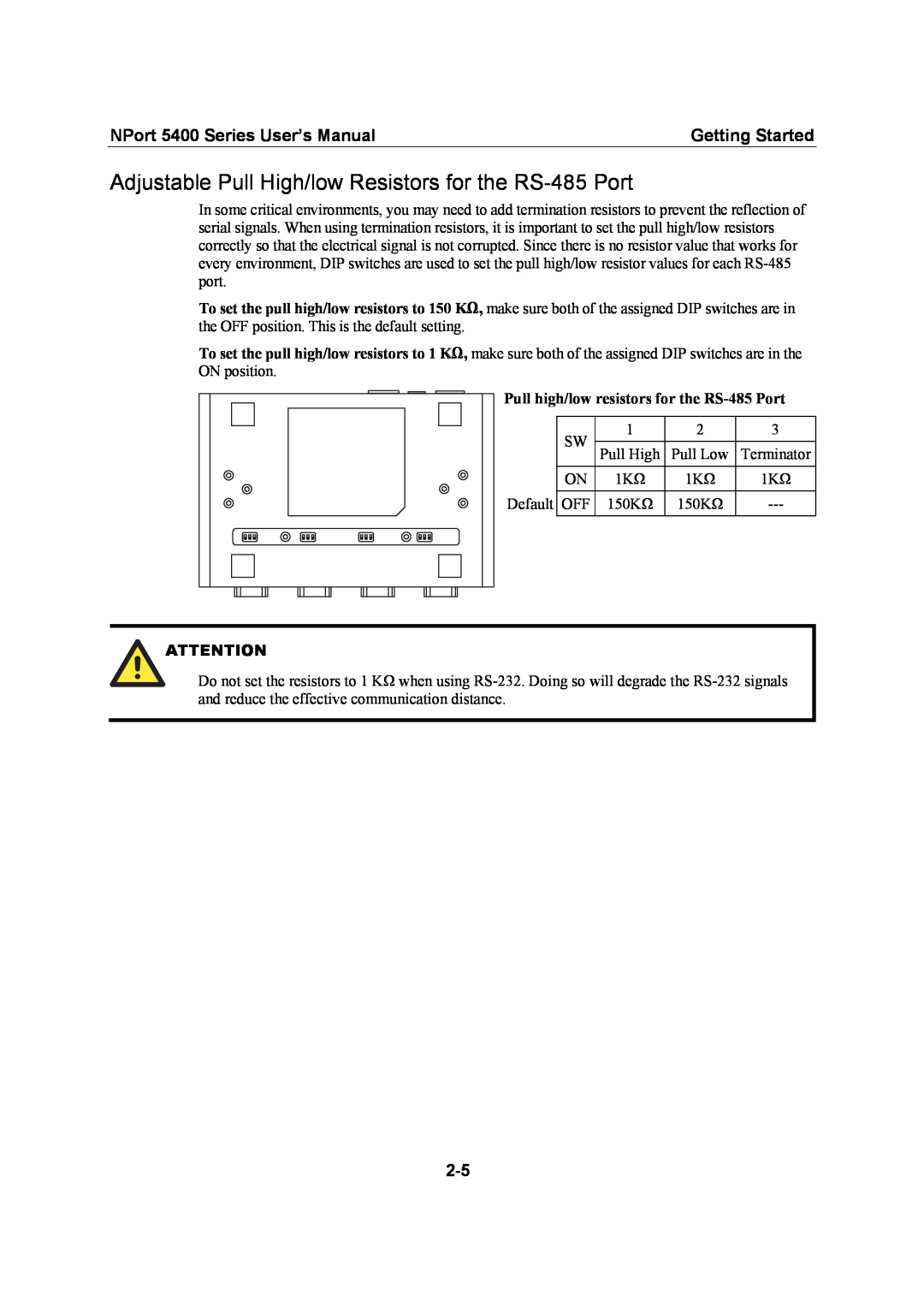Moxa Technologies 5400 Series user manual Adjustable Pull High/low Resistors for the RS-485 Port, Getting Started 