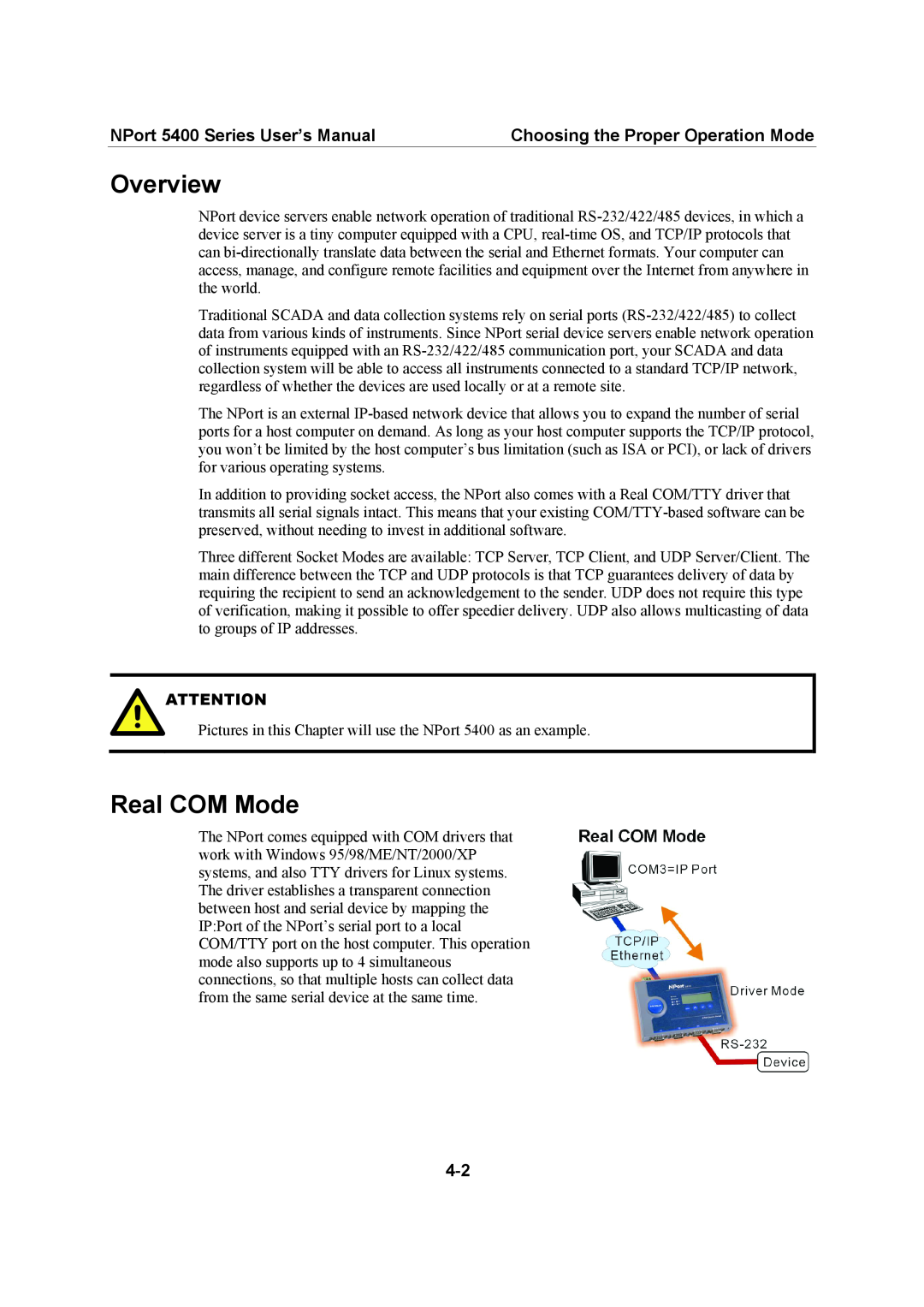 Moxa Technologies 5400 Series user manual Real COM Mode, Overview, Choosing the Proper Operation Mode 