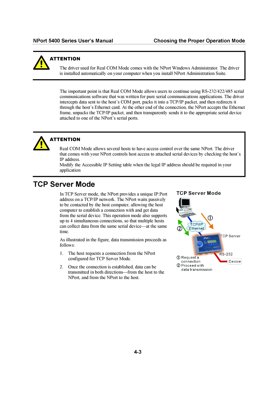 Moxa Technologies 5400 Series user manual TCP Server Mode, Choosing the Proper Operation Mode 
