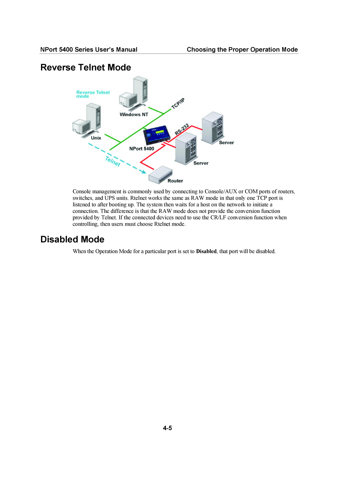 Moxa Technologies 5400 Series user manual Reverse Telnet Mode, Disabled Mode, Choosing the Proper Operation Mode 