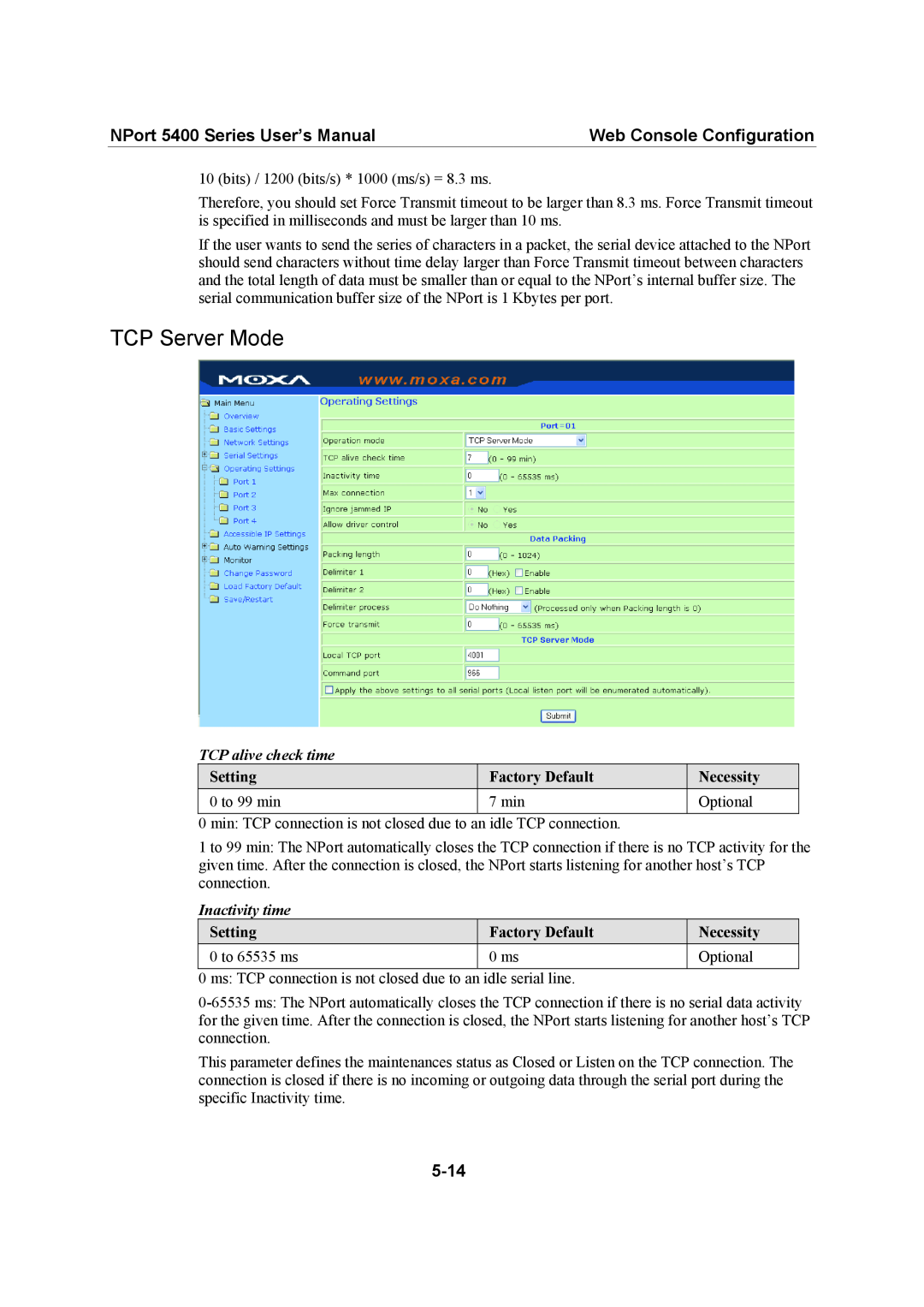 Moxa Technologies user manual TCP Server Mode, NPort 5400 Series User’s Manual, Web Console Configuration, 5-14 