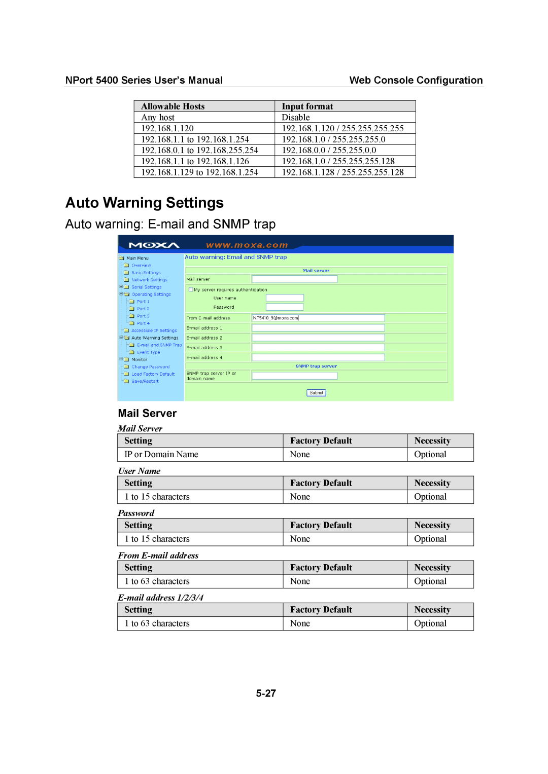 Moxa Technologies 5400 Series user manual Auto Warning Settings, Auto warning E-mail and SNMP trap, Mail Server 