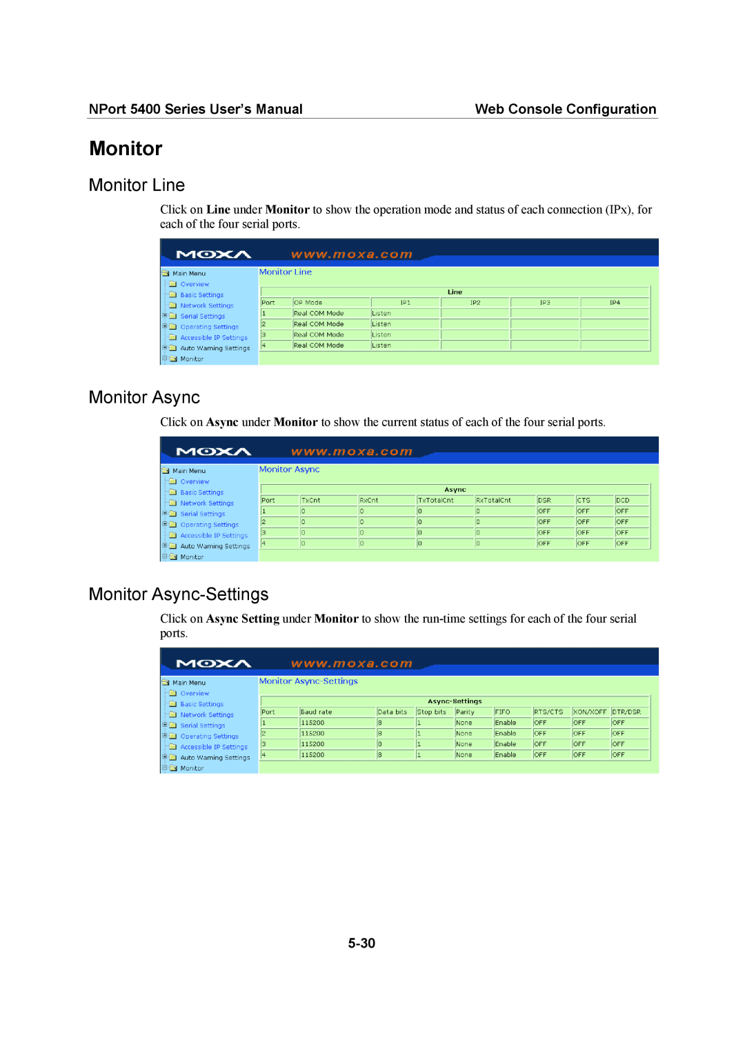 Moxa Technologies 5400 Series user manual Monitor Line, Monitor Async-Settings 