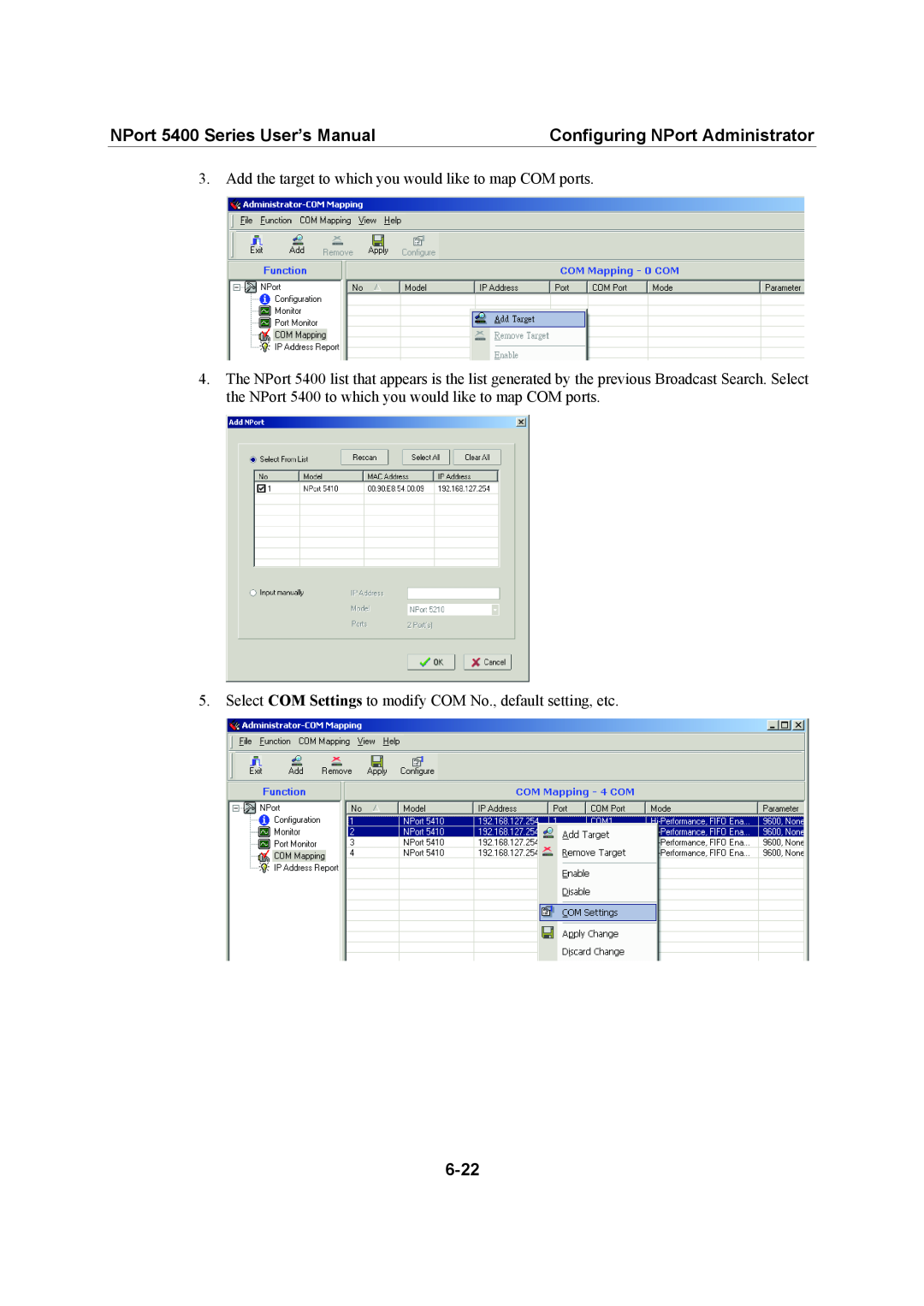 Moxa Technologies user manual NPort 5400 Series User’s Manual, Configuring NPort Administrator, 6-22 
