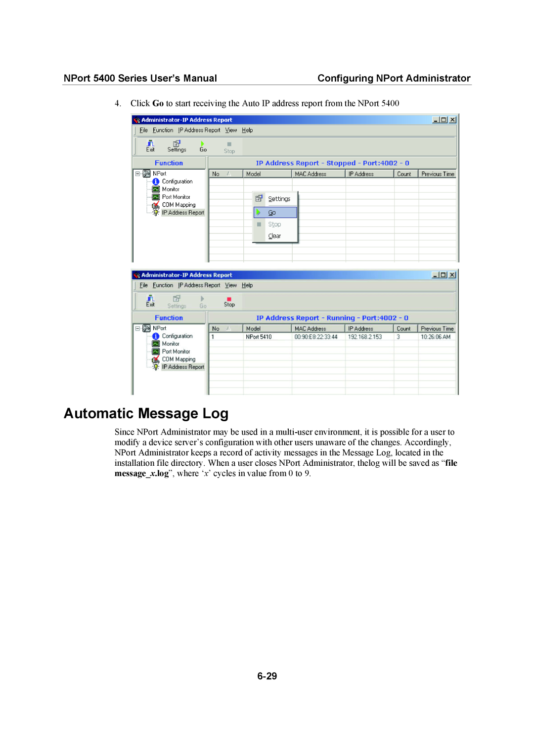 Moxa Technologies 5400 Series user manual Automatic Message Log 
