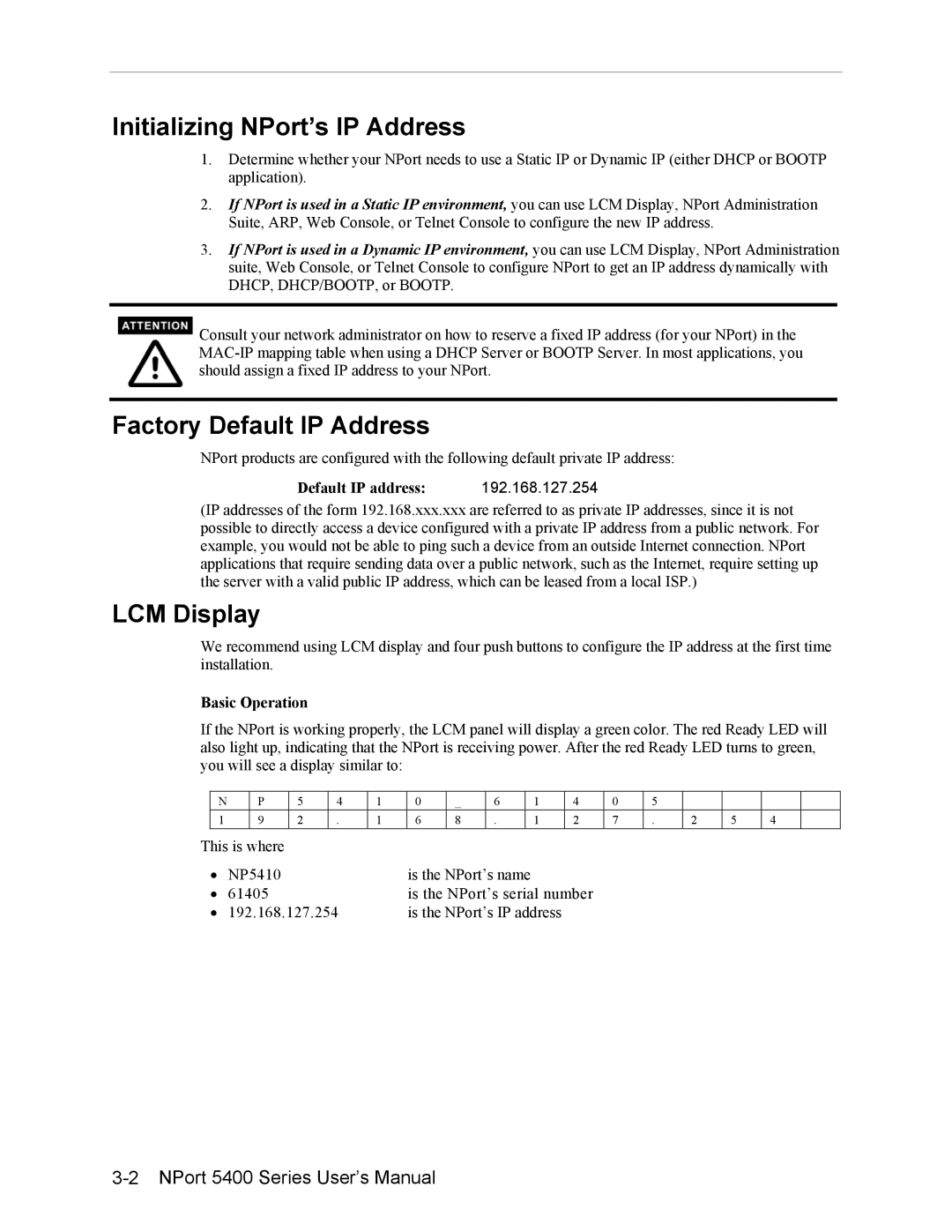 Moxa Technologies 5400 Initializing NPort’s IP Address, Factory Default IP Address, LCM Display, Default IP address 