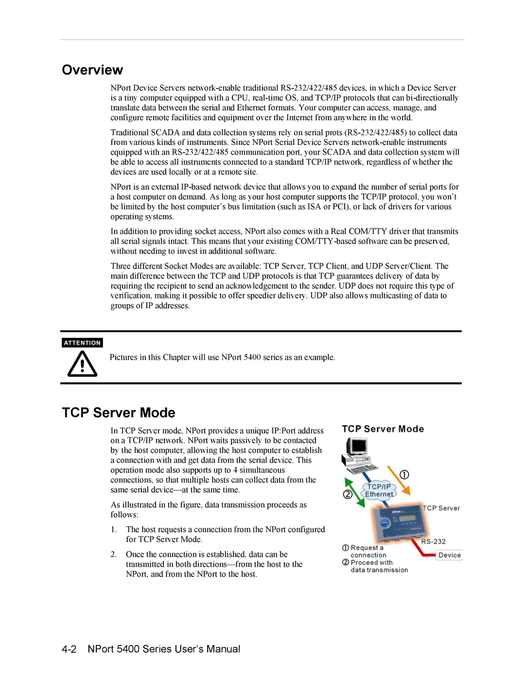 Moxa Technologies 5400 user manual Overview, TCP Server Mode 