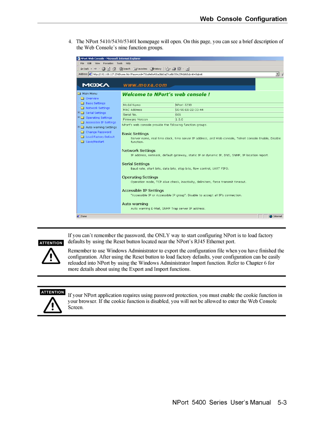 Moxa Technologies 5400 user manual Web Console Configuration 