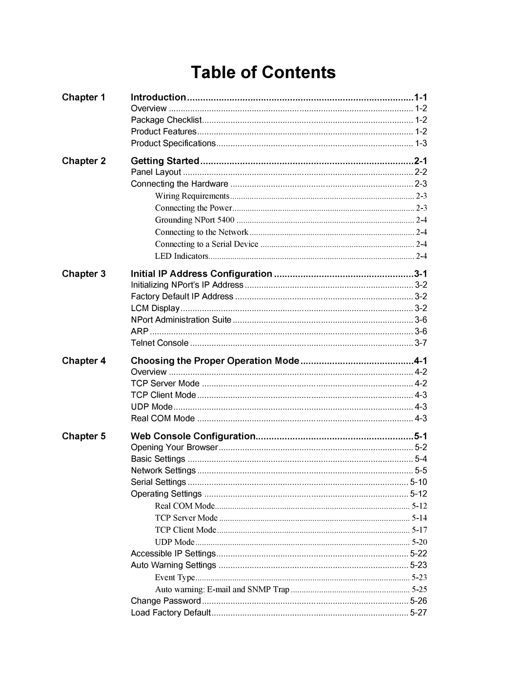 Moxa Technologies 5400 user manual Table of Contents 