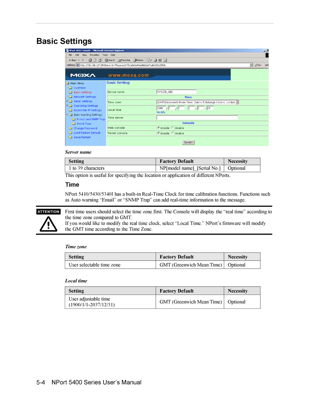 Moxa Technologies 5400 user manual Basic Settings, Server name, Time zone, Local time 