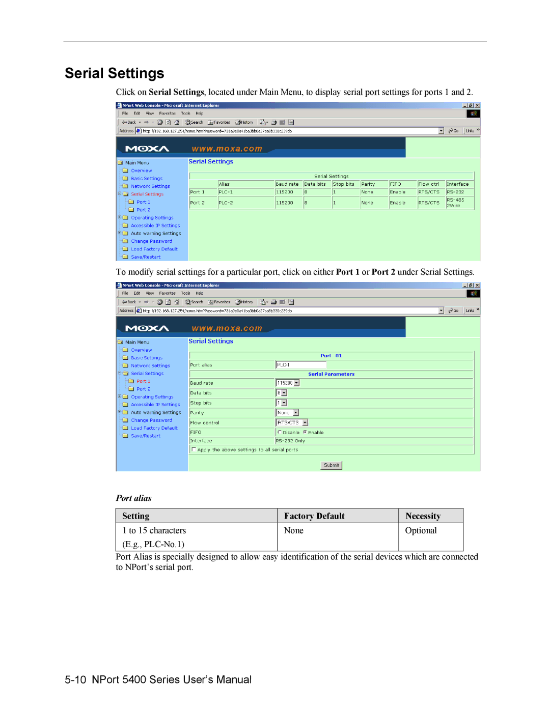 Moxa Technologies 5400 user manual Serial Settings, Port alias 