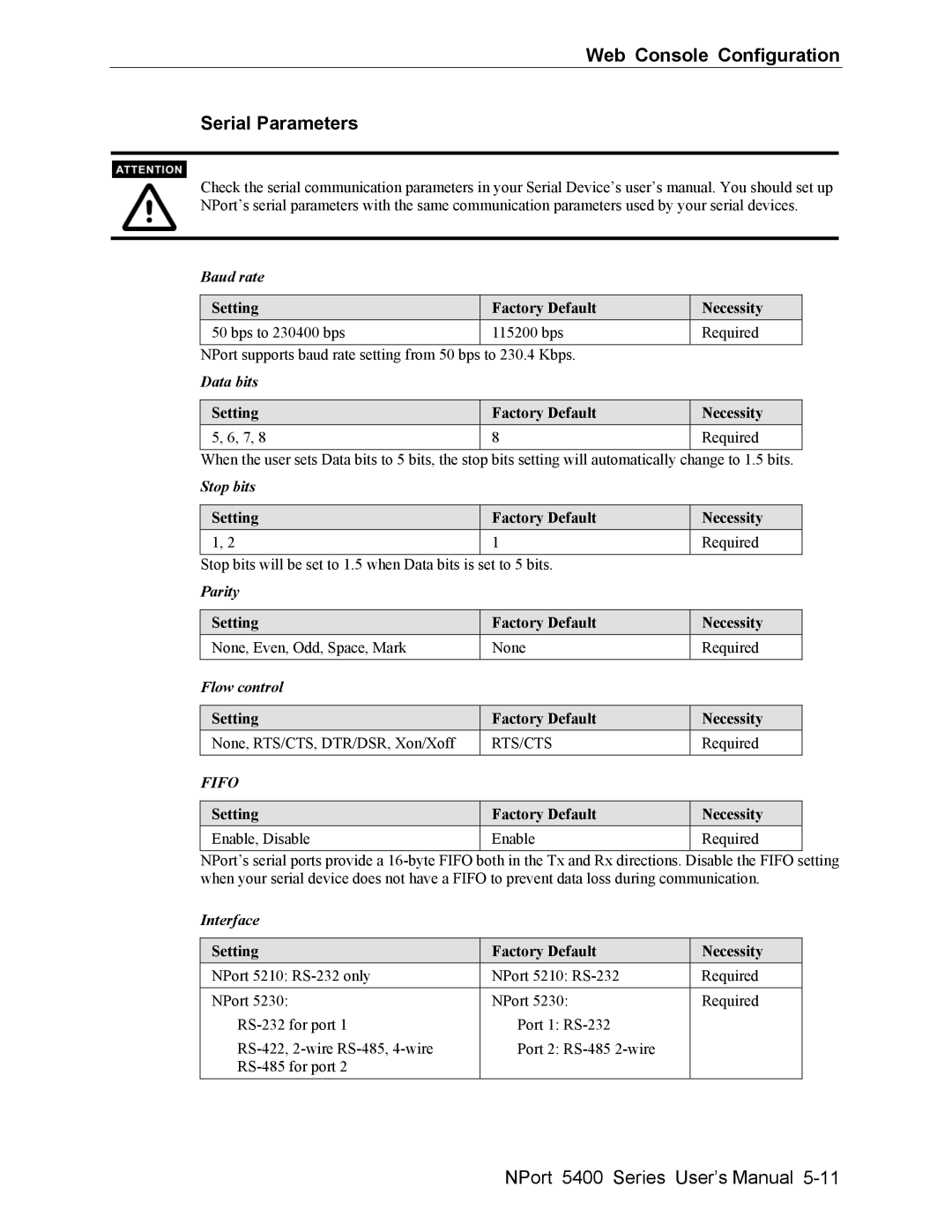 Moxa Technologies 5400 user manual Web Console Configuration Serial Parameters 