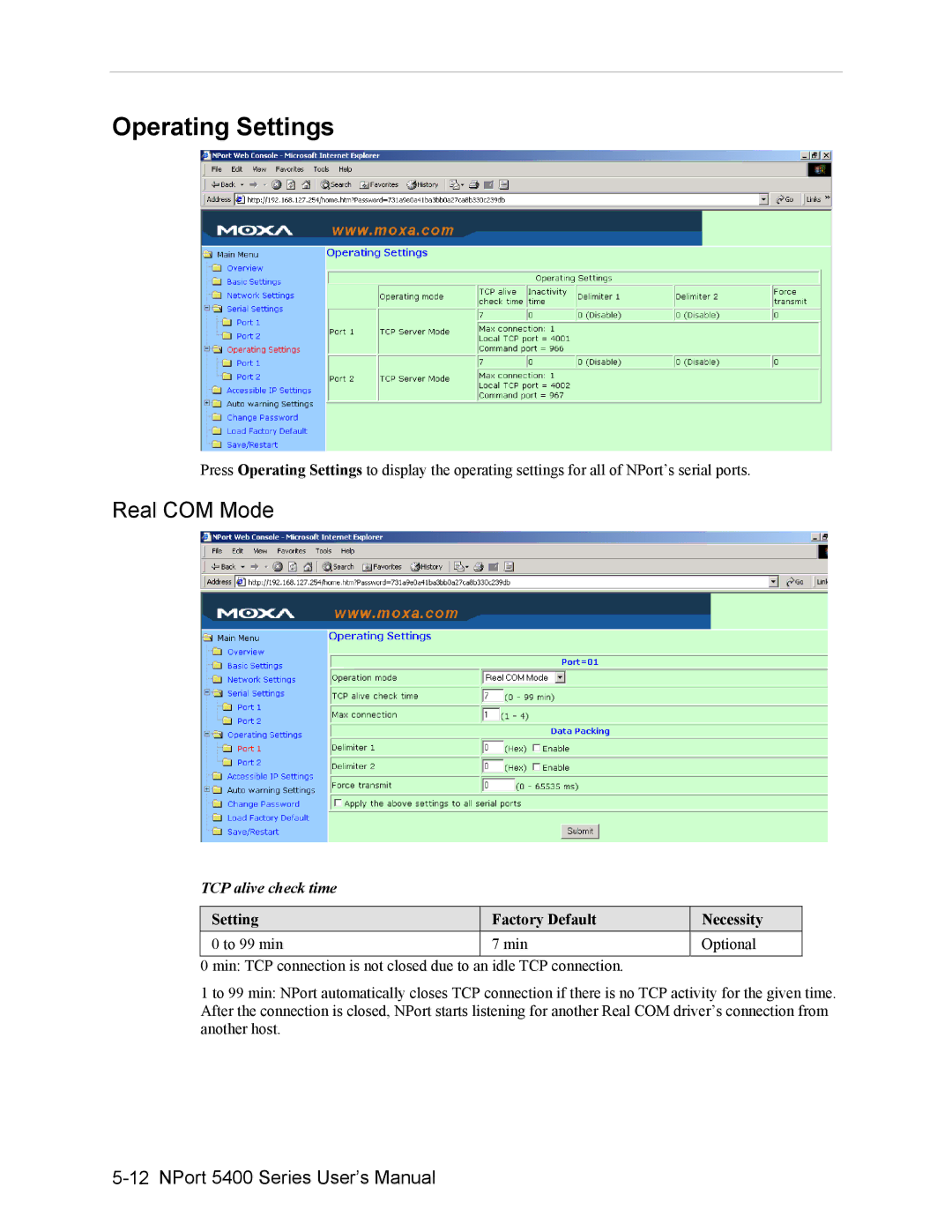 Moxa Technologies 5400 user manual Operating Settings, Real COM Mode, TCP alive check time 