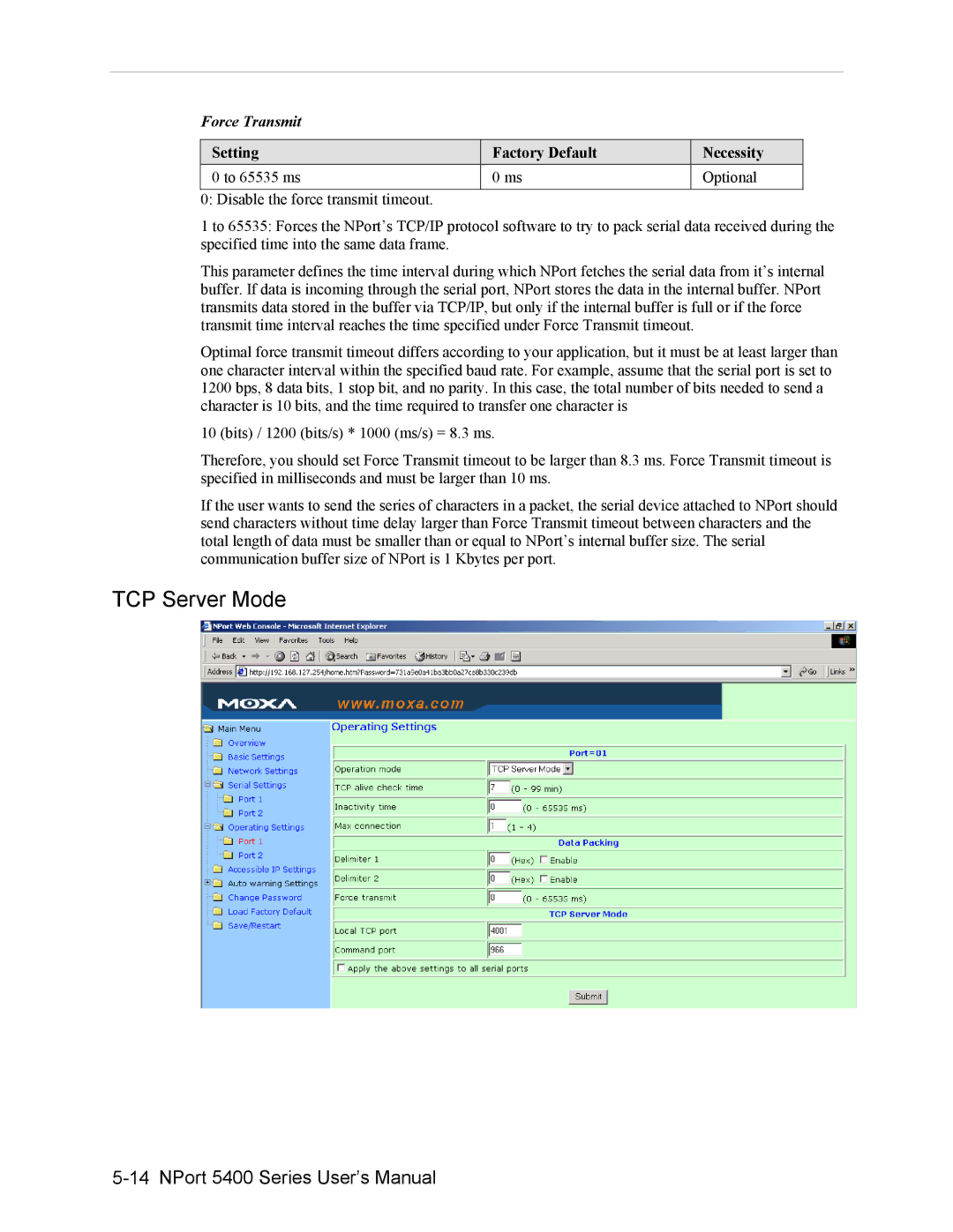 Moxa Technologies 5400 user manual TCP Server Mode, Force Transmit, Setting Factory Default Necessity To 65535 ms Optional 