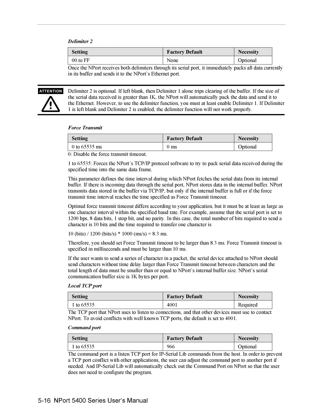 Moxa Technologies 5400 user manual Local TCP port, Setting Factory Default Necessity 4001 Required, Command port 