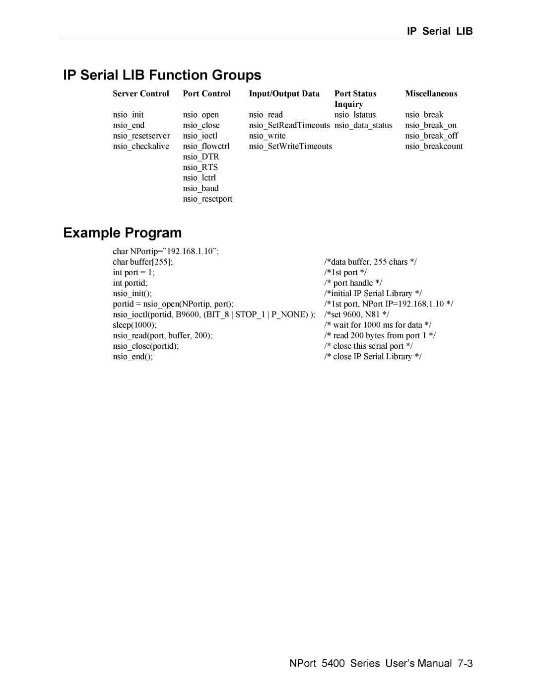 Moxa Technologies 5400 user manual IP Serial LIB Function Groups, Example Program, Inquiry 