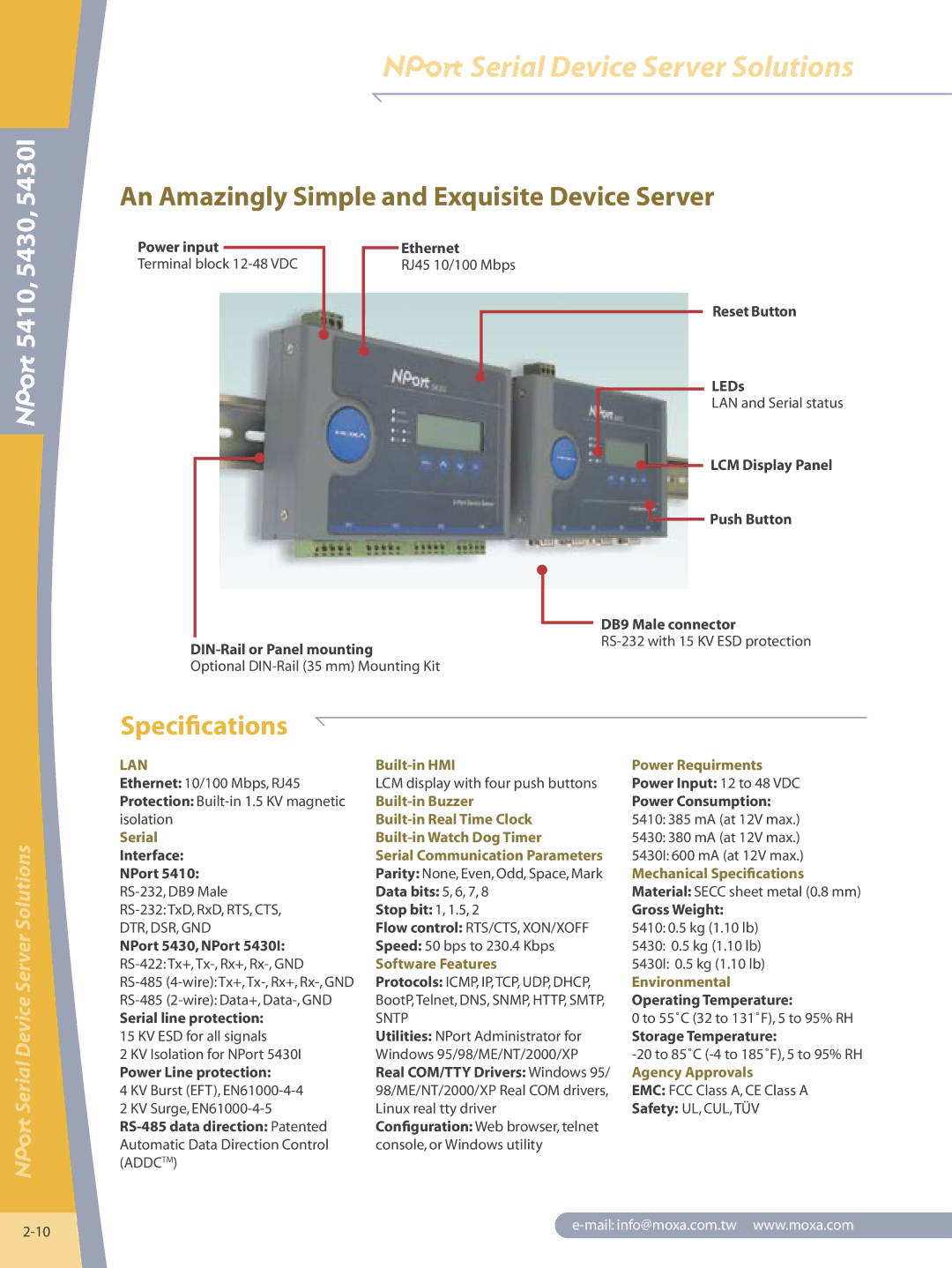 Moxa Technologies 5430I manual 5410, Specifications 