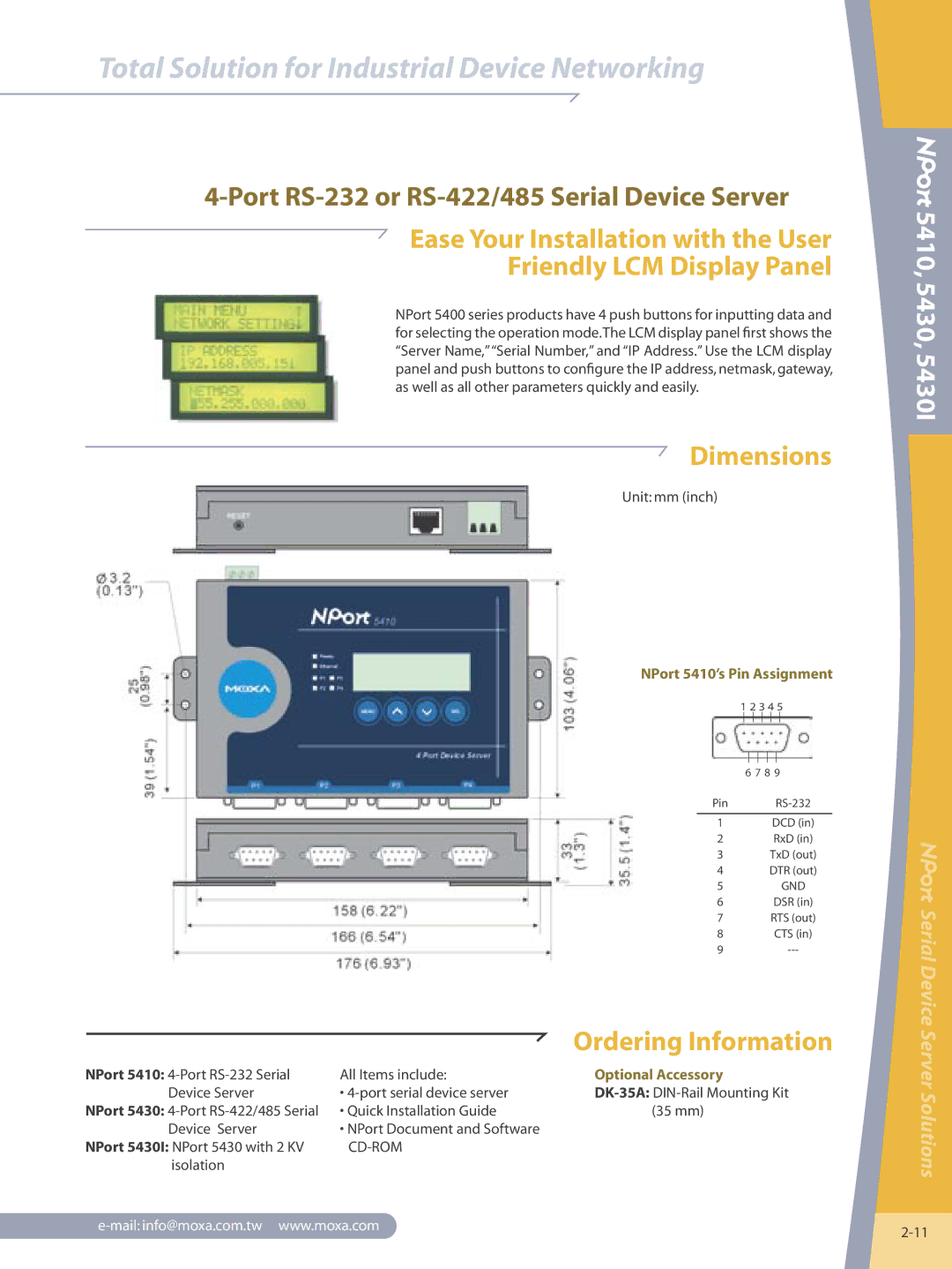 Moxa Technologies 5430I manual Dimensions, 5410, 5430, NPort 5410’s Pin Assignment, Optional Accessory 