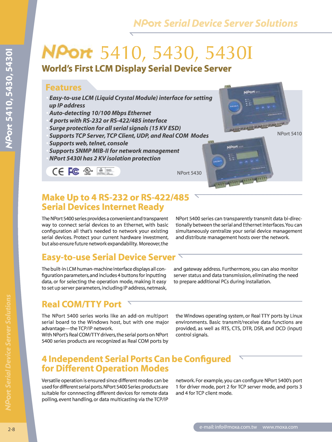 Moxa Technologies 5410 manual Serial Device Server Solutions, World’s First LCM Display Serial Device Server, Features 