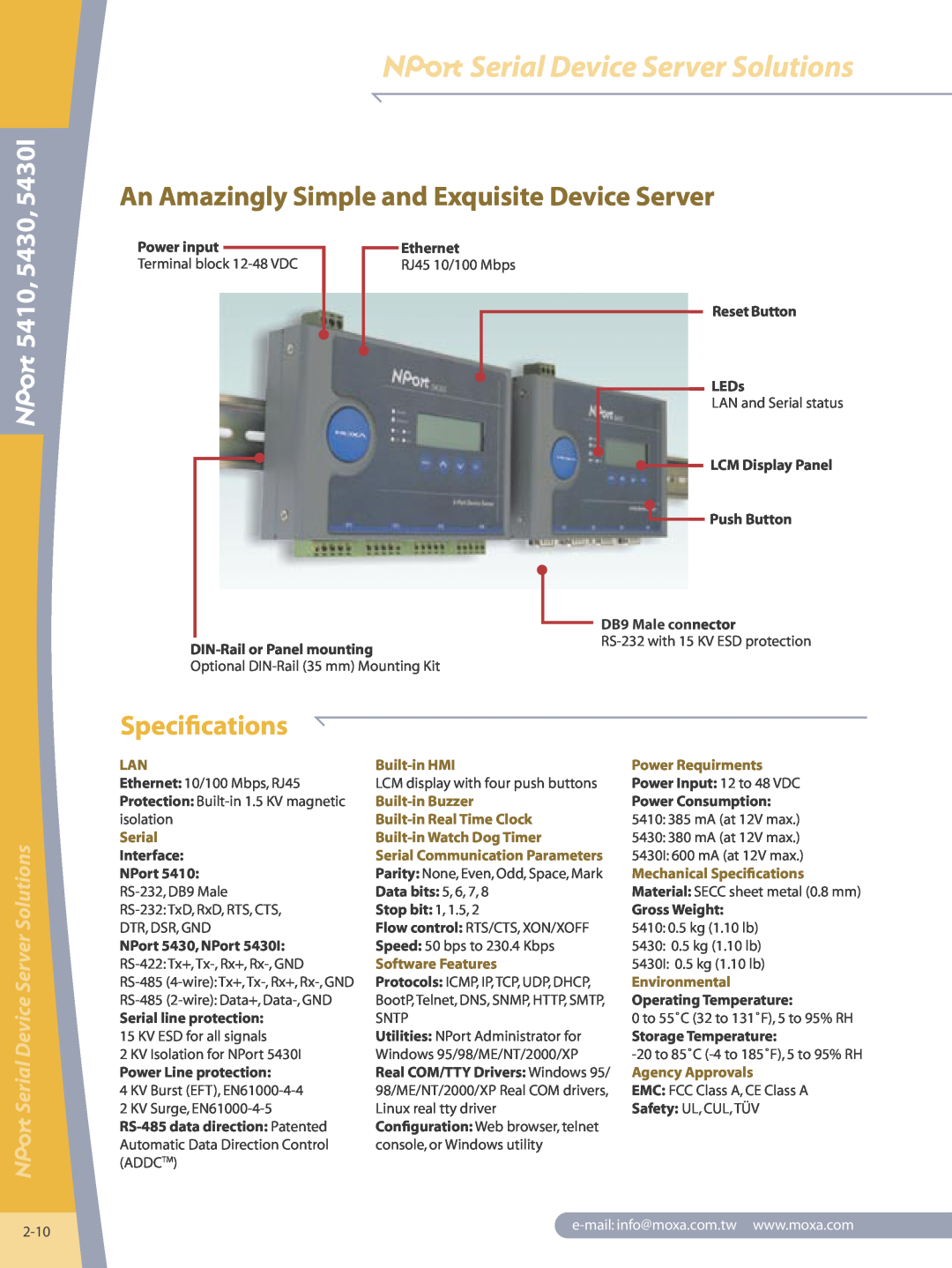 Moxa Technologies 5430I manual An Amazingly Simple and Exquisite Device Server, 5410, Specifications 