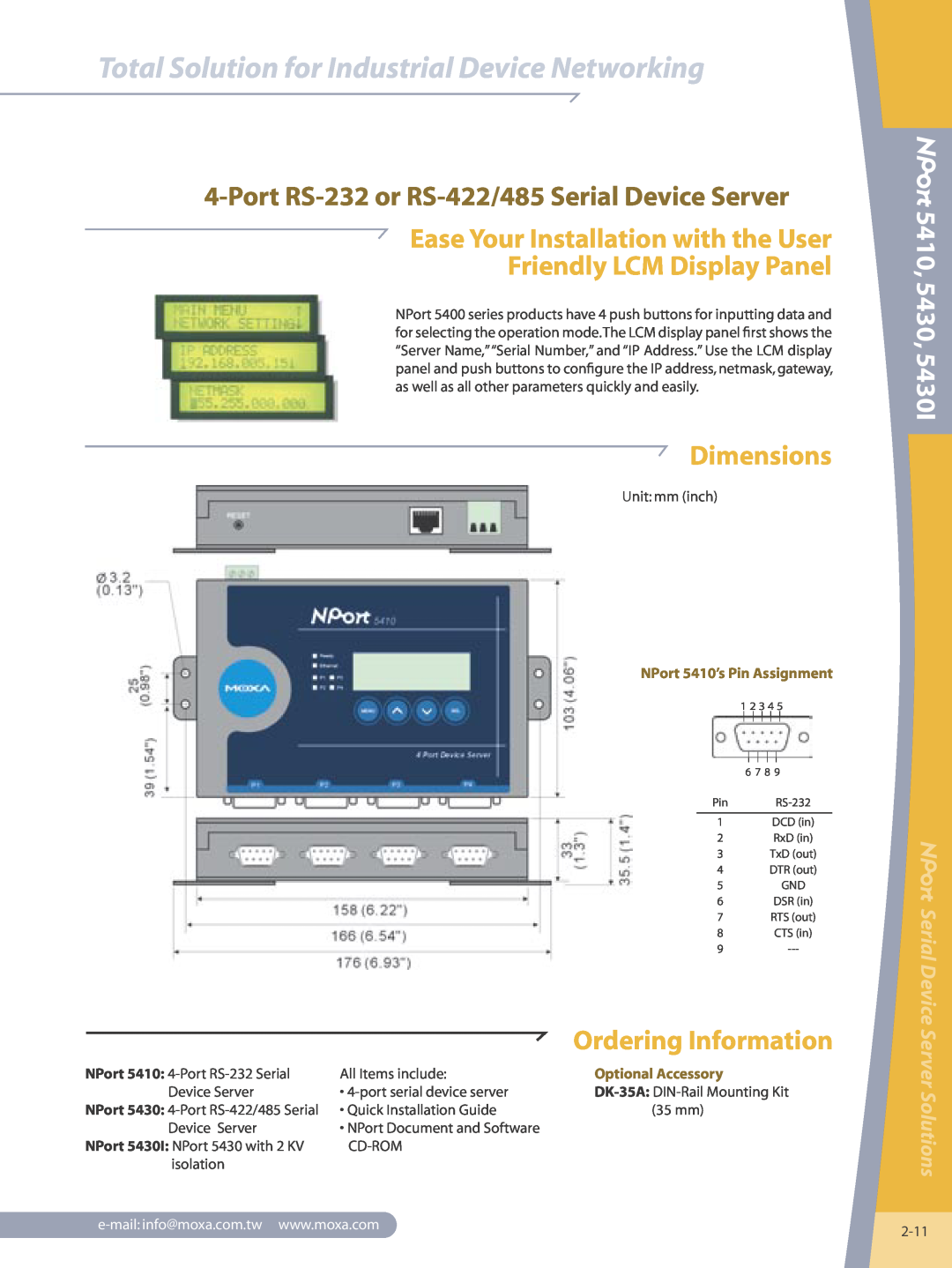 Moxa Technologies 5430I Port RS-232 or RS-422/485 Serial Device Server, Dimensions, 5410, 5430, Ordering Information 