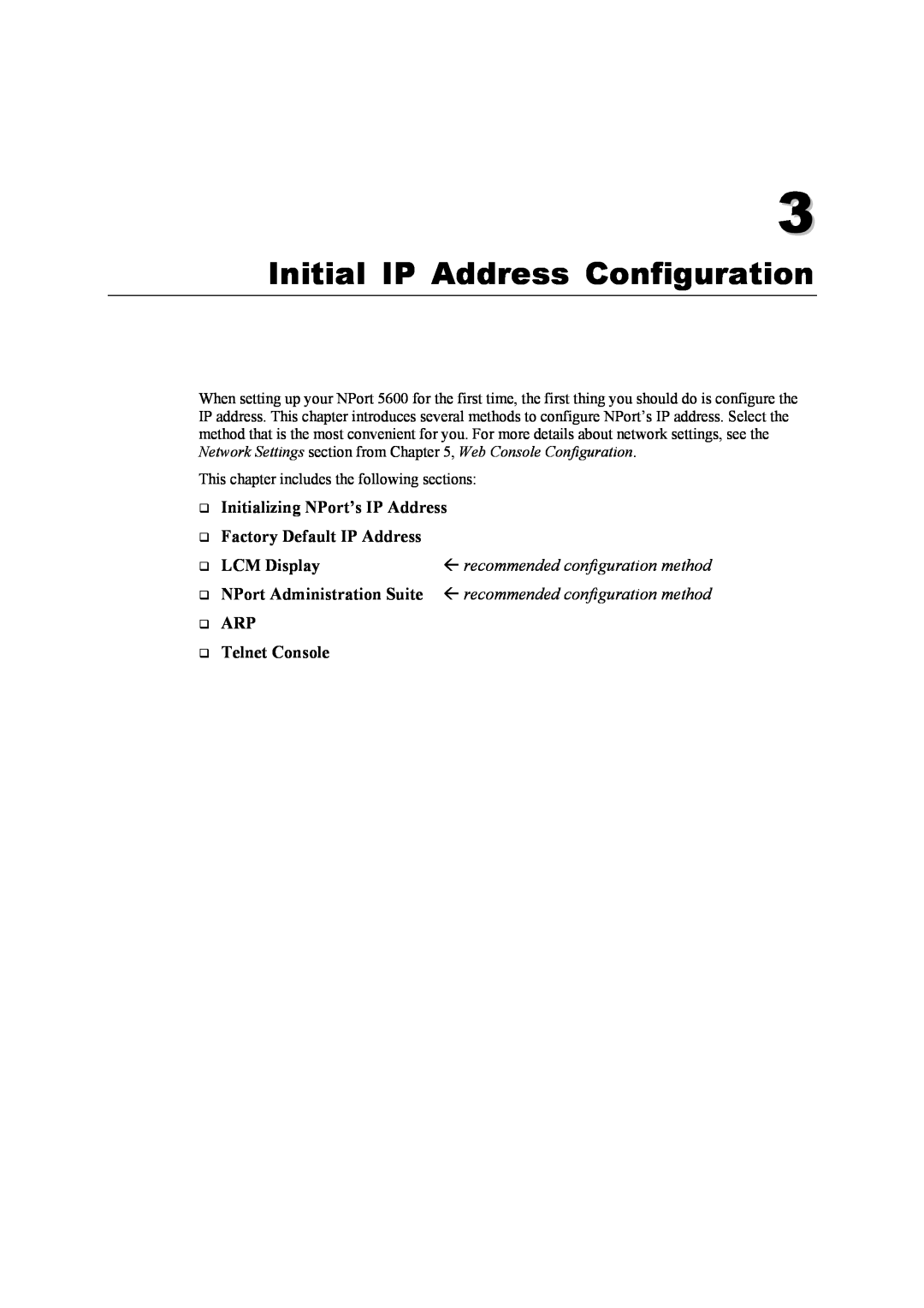 Moxa Technologies 5600 Initial IP Address Configuration, ‰ Initializing NPort’s IP Address ‰ Factory Default IP Address 