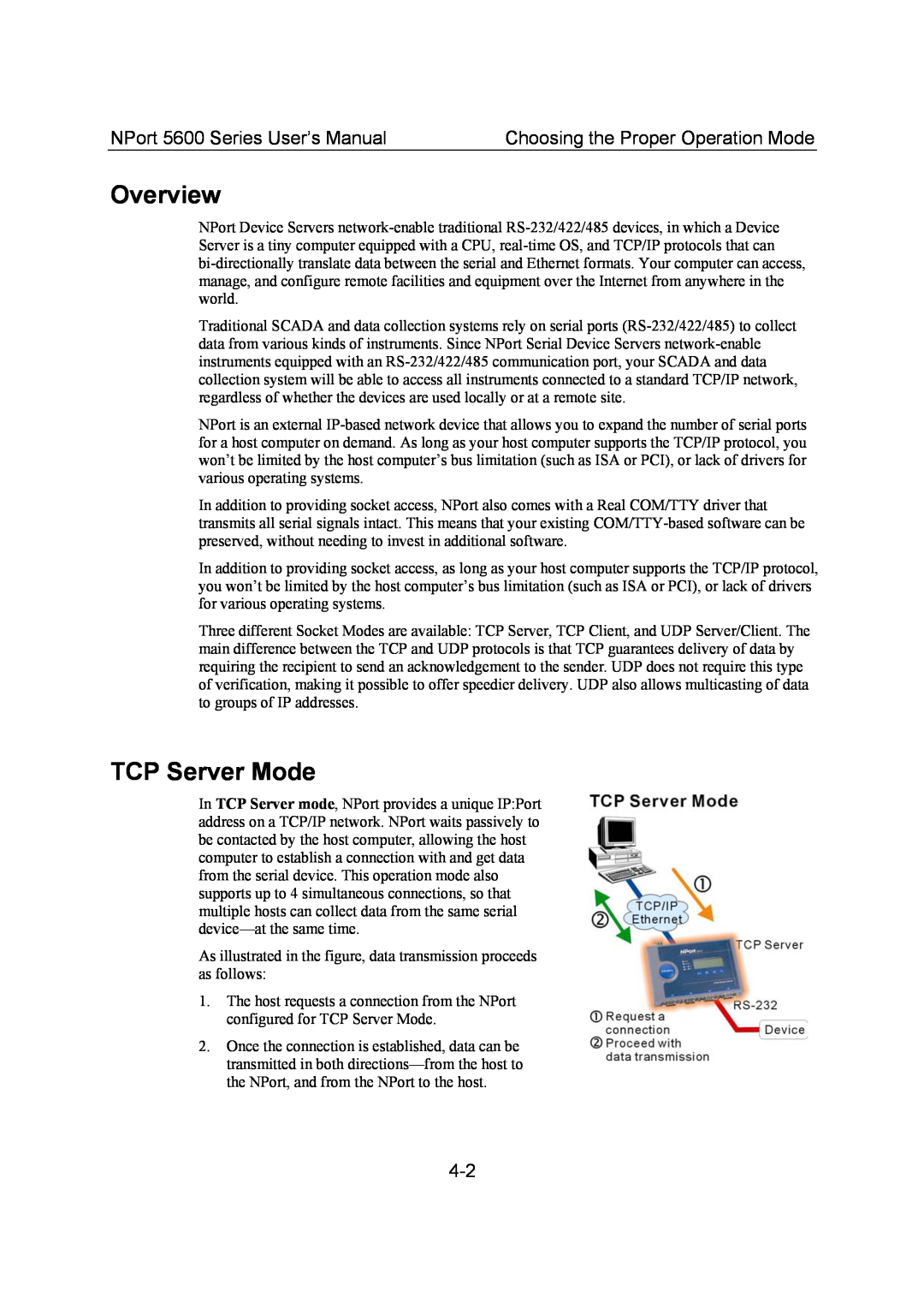 Moxa Technologies TCP Server Mode, Choosing the Proper Operation Mode, Overview, NPort 5600 Series User’s Manual 