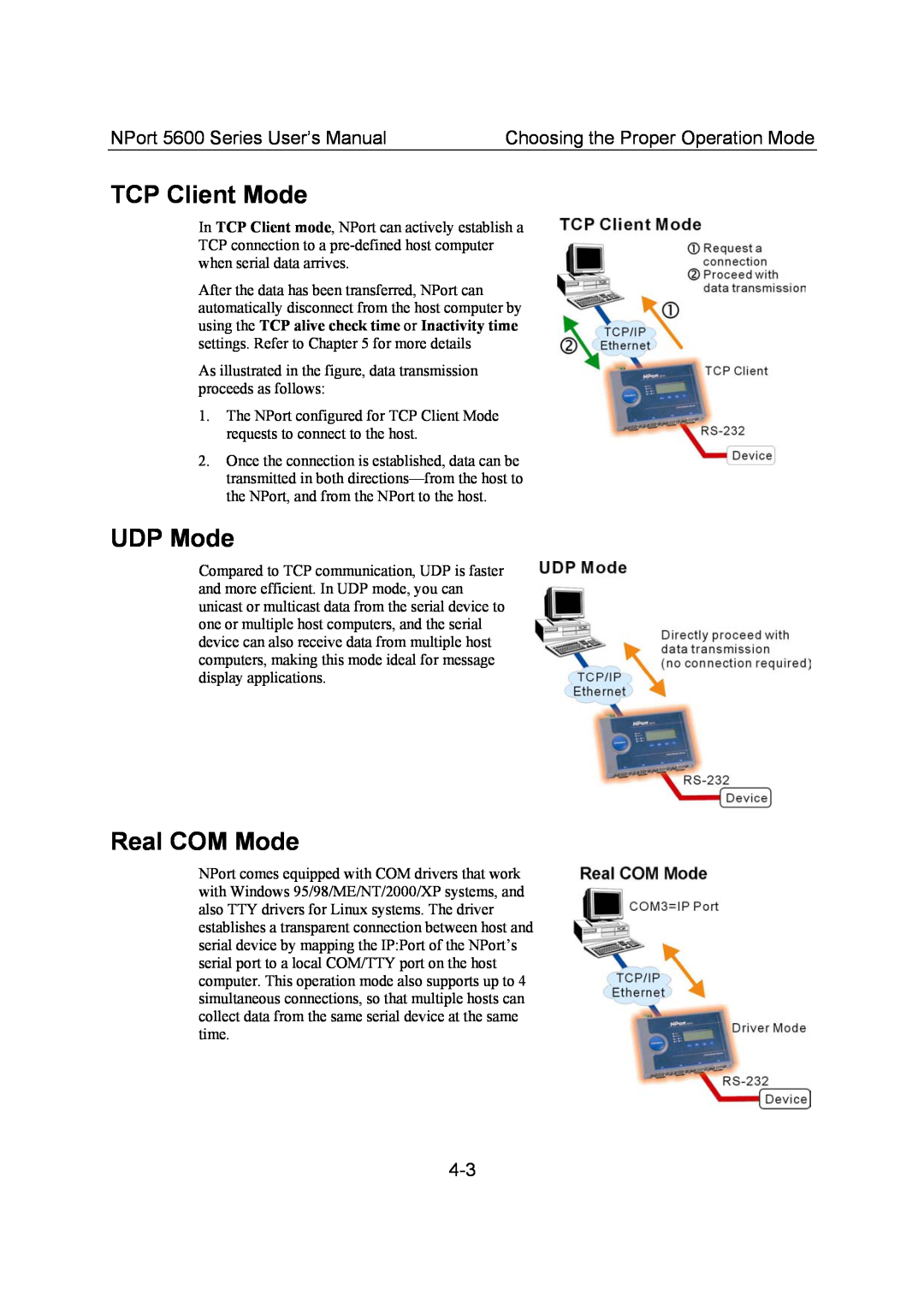 Moxa Technologies user manual TCP Client Mode, UDP Mode, Real COM Mode, NPort 5600 Series User’s Manual 