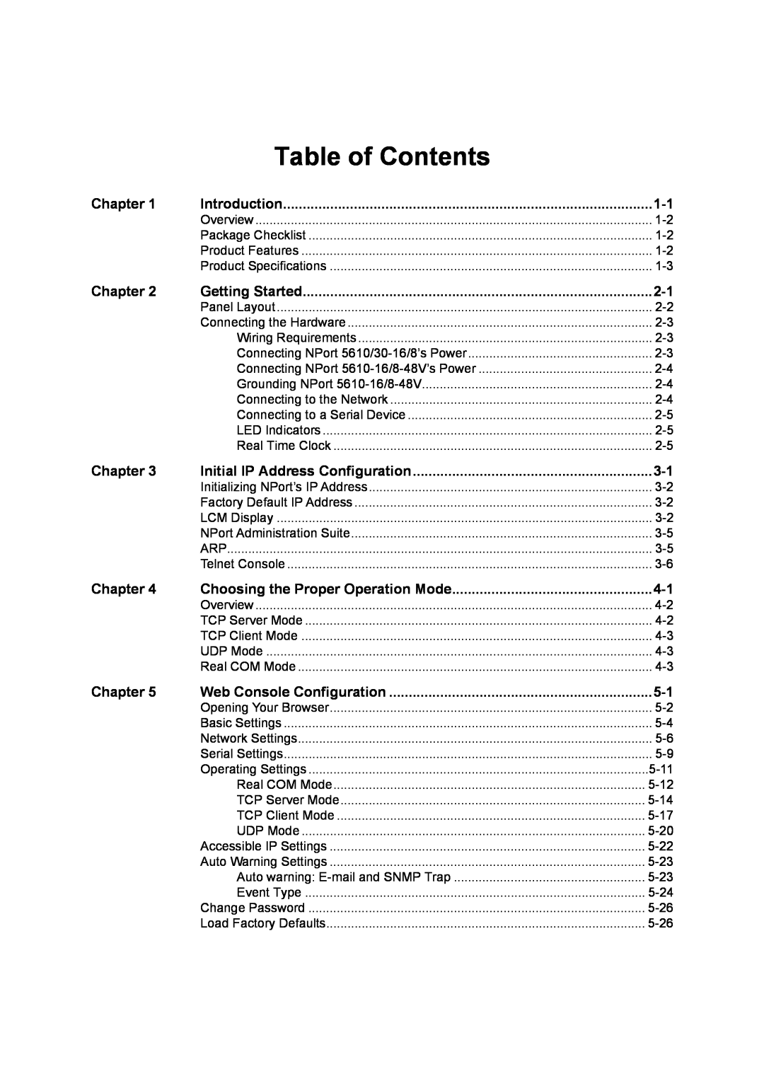 Moxa Technologies 5600 user manual Table of Contents, Choosing the Proper Operation Mode, Web Console Configuration 