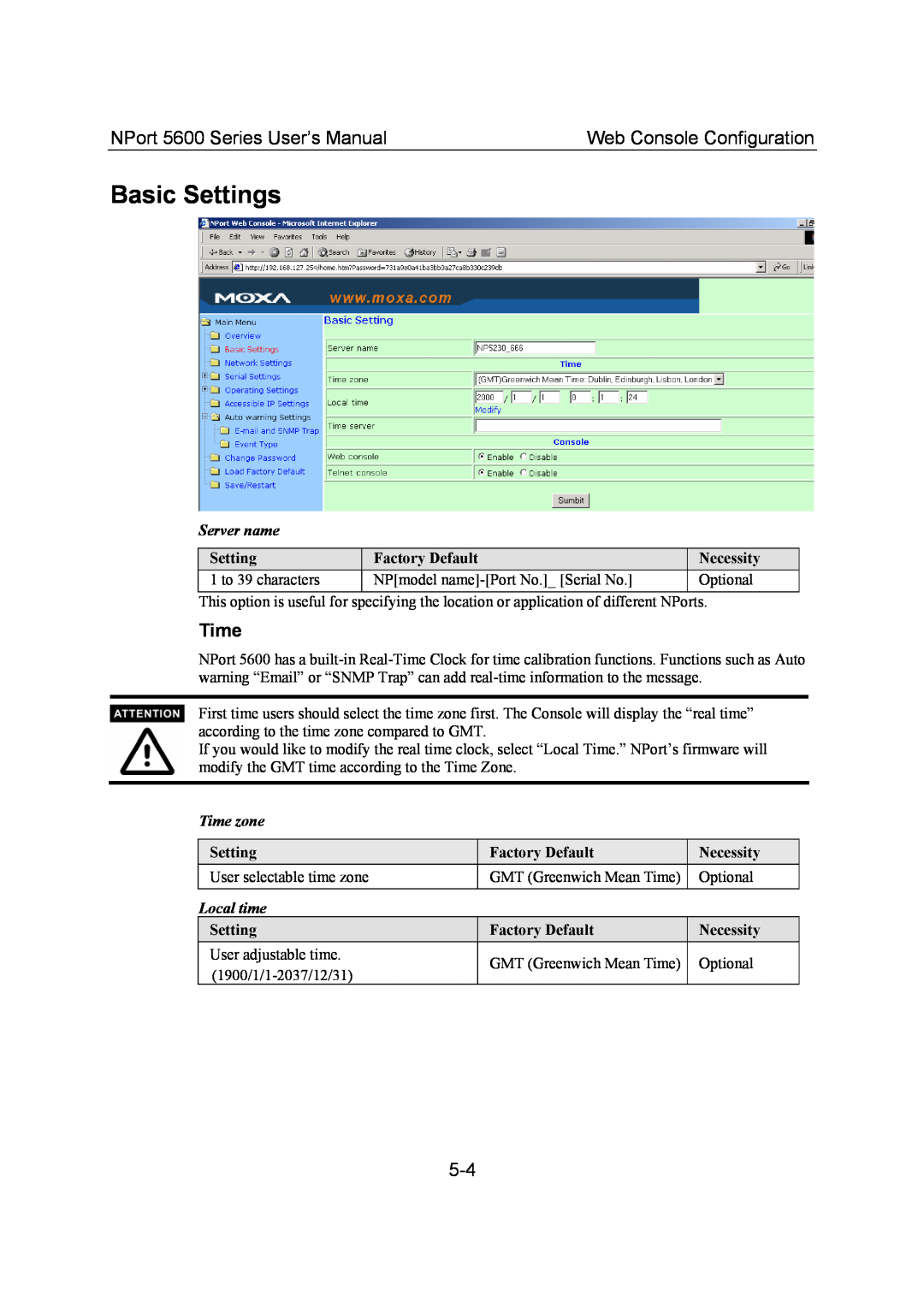 Moxa Technologies user manual Basic Settings, Time, NPort 5600 Series User’s Manual, Web Console Configuration 