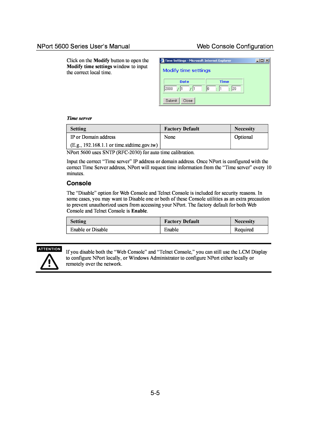 Moxa Technologies user manual NPort 5600 Series User’s Manual, Web Console Configuration, Time server 