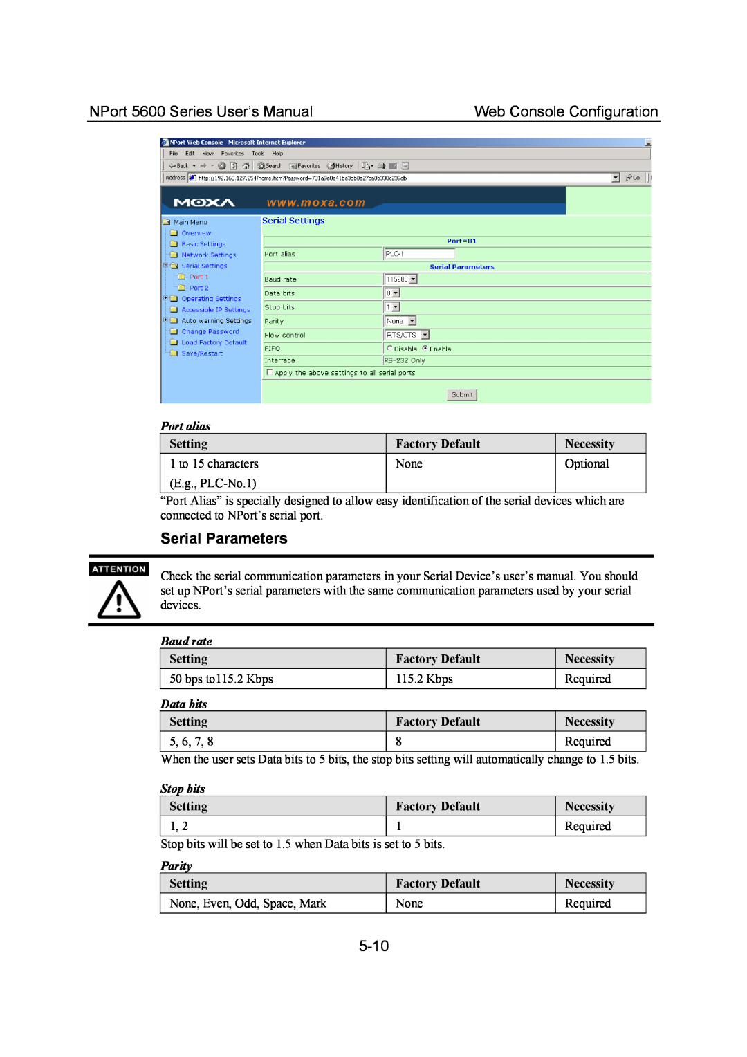 Moxa Technologies Serial Parameters, 5-10, NPort 5600 Series User’s Manual, Web Console Configuration, Port alias 