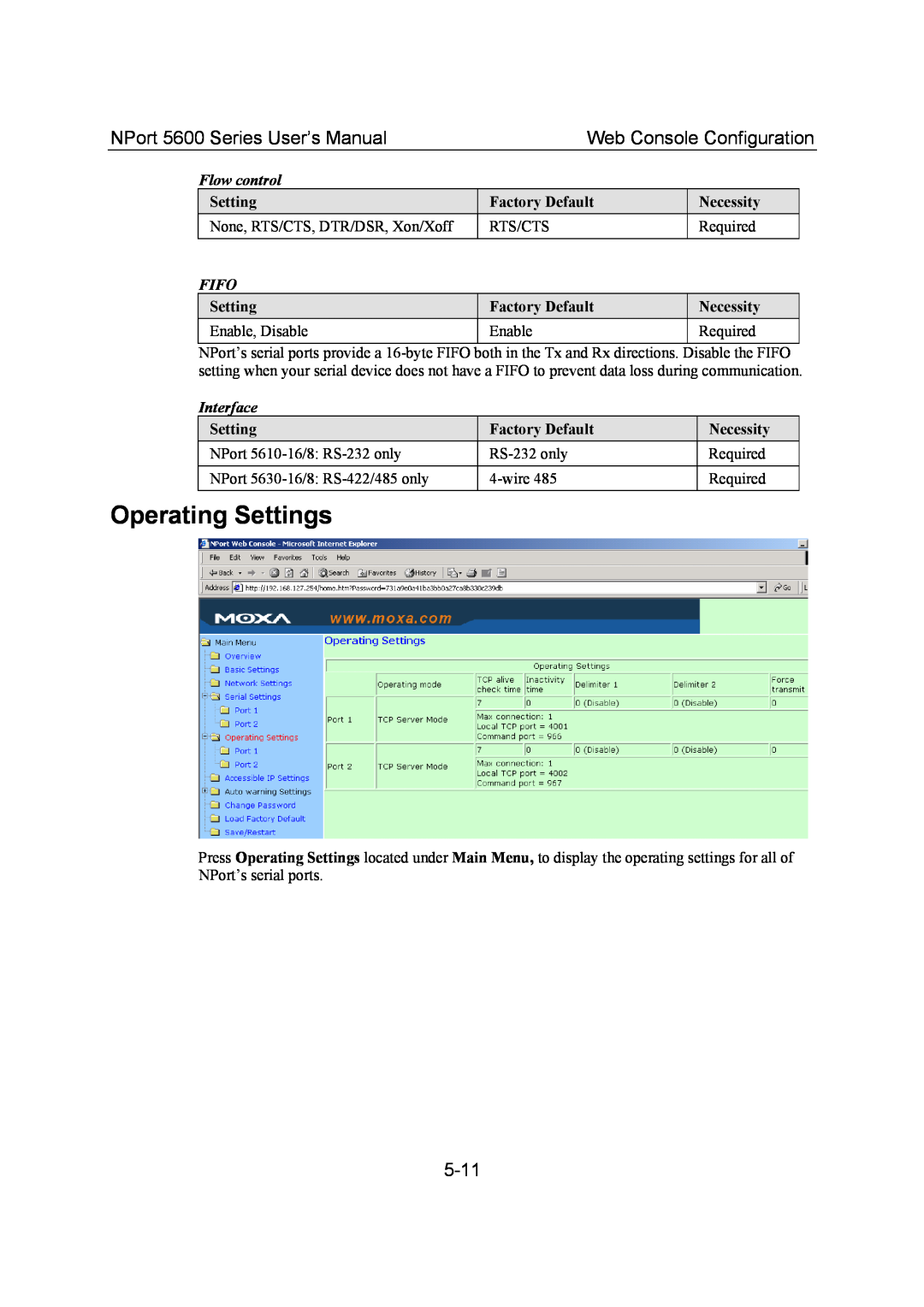 Moxa Technologies user manual Operating Settings, 5-11, NPort 5600 Series User’s Manual, Web Console Configuration 