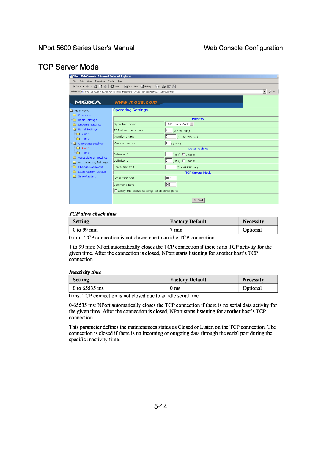Moxa Technologies user manual TCP Server Mode, 5-14, NPort 5600 Series User’s Manual, Web Console Configuration 