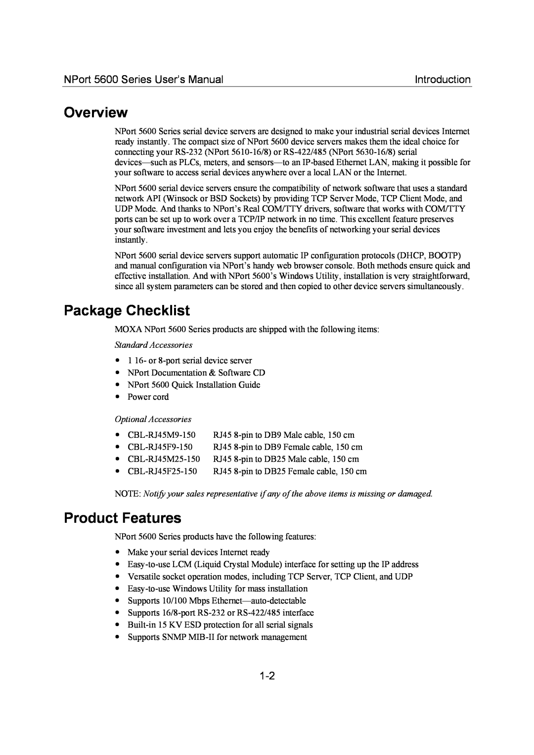 Moxa Technologies Overview, Package Checklist, Product Features, NPort 5600 Series User’s Manual, Introduction 