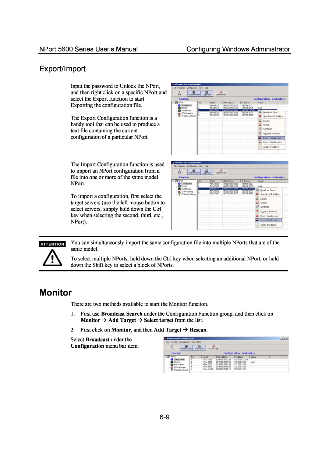 Moxa Technologies user manual Monitor, Export/Import, NPort 5600 Series User’s Manual, Configuring Windows Administrator 