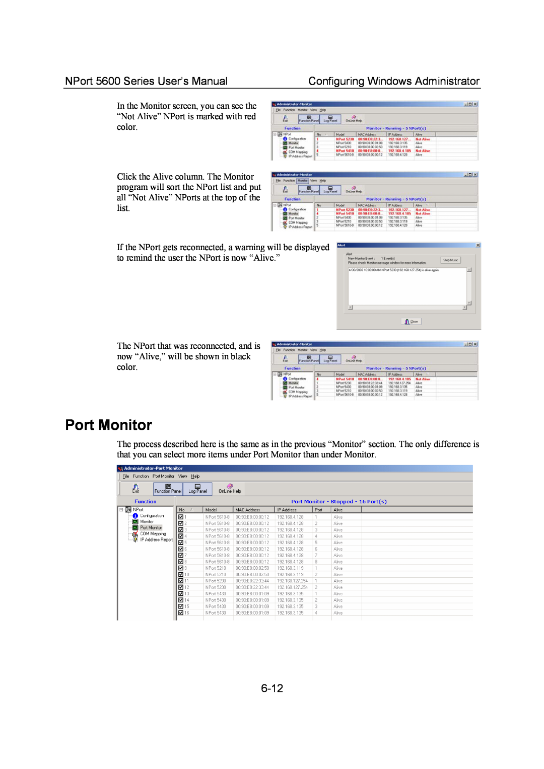 Moxa Technologies user manual Port Monitor, 6-12, NPort 5600 Series User’s Manual, Configuring Windows Administrator 
