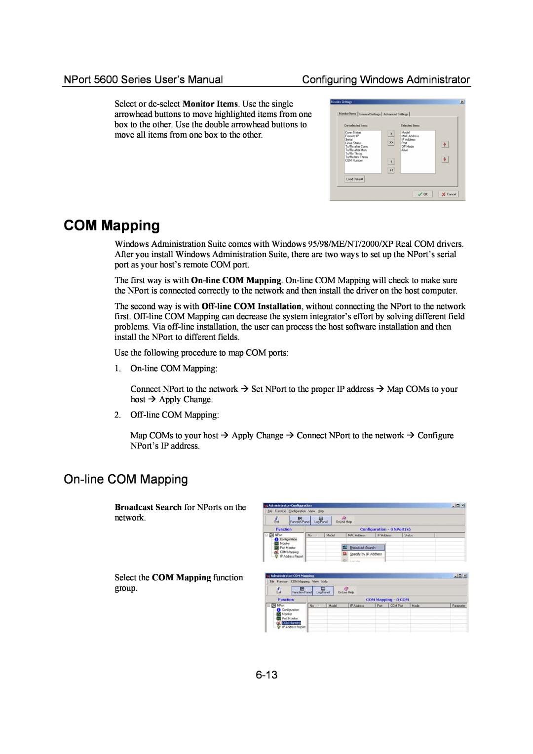 Moxa Technologies On-line COM Mapping, 6-13, NPort 5600 Series User’s Manual, Configuring Windows Administrator 