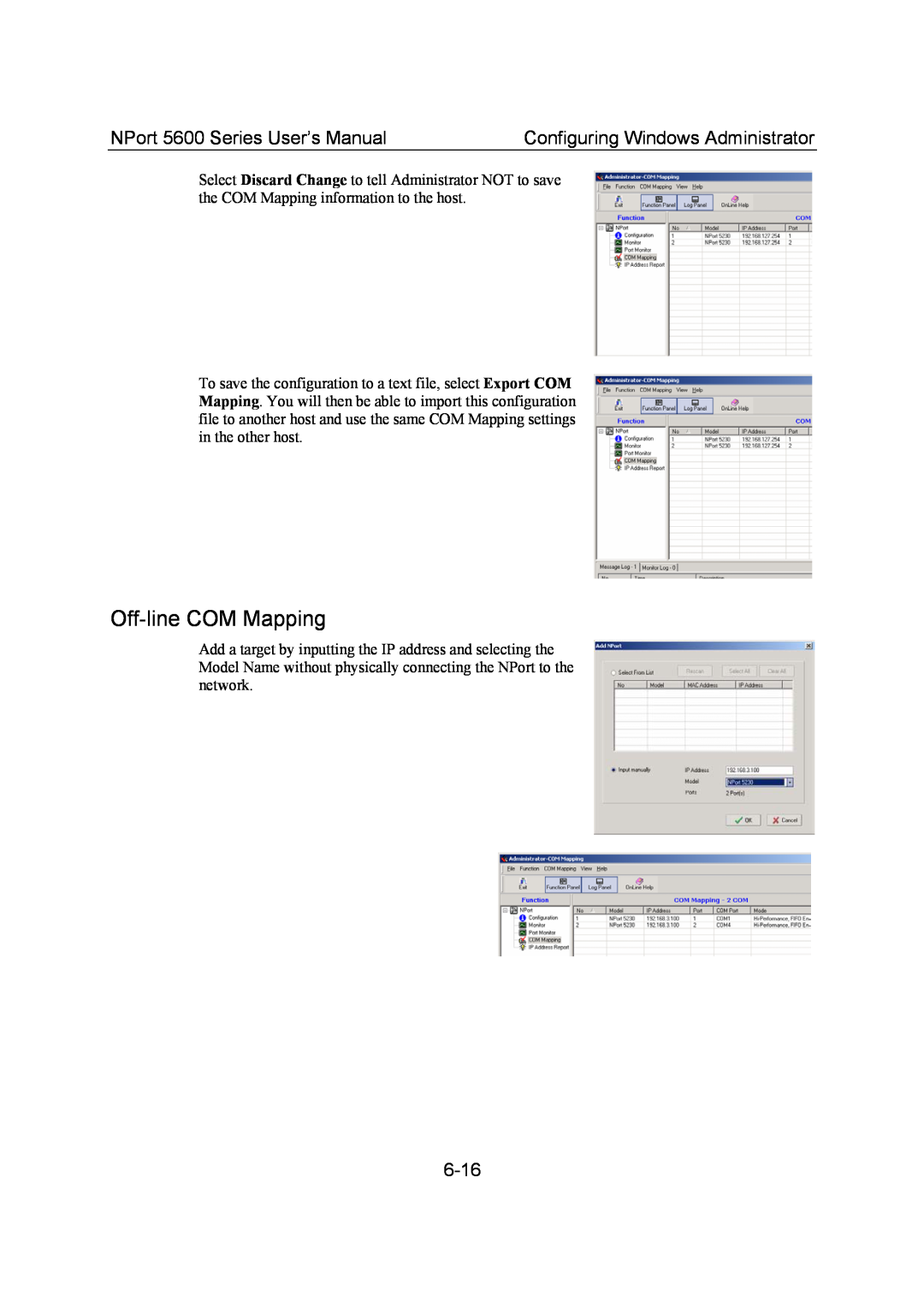 Moxa Technologies Off-line COM Mapping, 6-16, NPort 5600 Series User’s Manual, Configuring Windows Administrator 