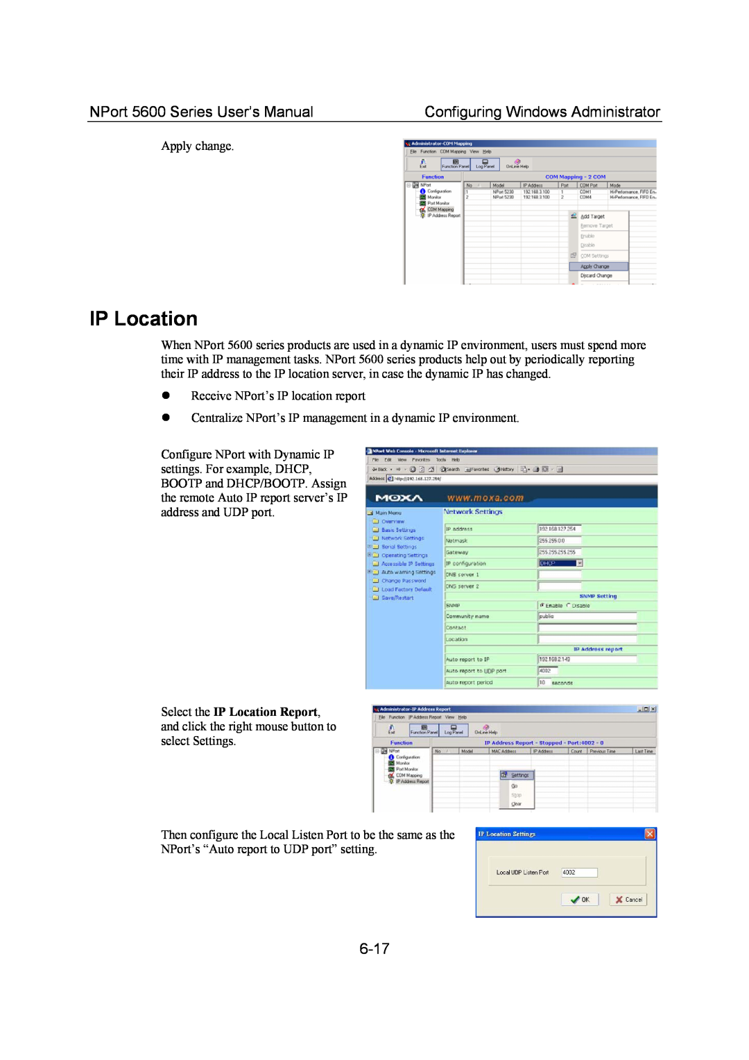 Moxa Technologies user manual IP Location, 6-17, NPort 5600 Series User’s Manual, Configuring Windows Administrator 