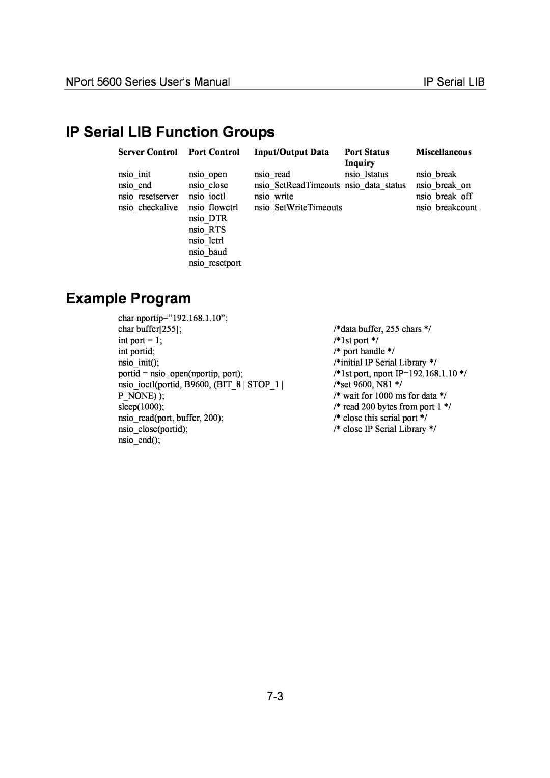 Moxa Technologies IP Serial LIB Function Groups, Example Program, NPort 5600 Series User’s Manual, Server Control 