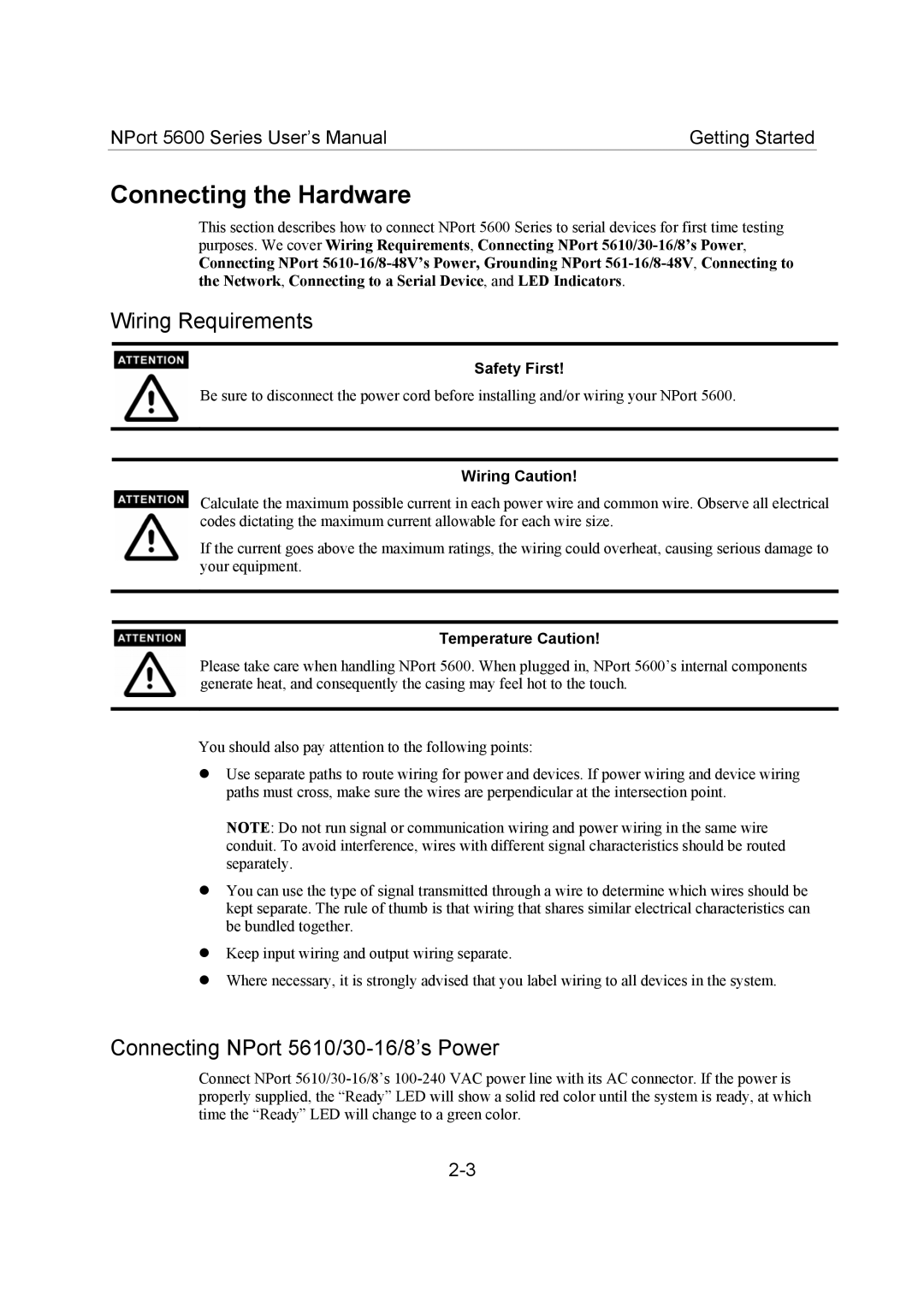 Moxa Technologies 5600 user manual Connecting the Hardware, Wiring Requirements, Connecting NPort 5610/30-16/8’s Power 