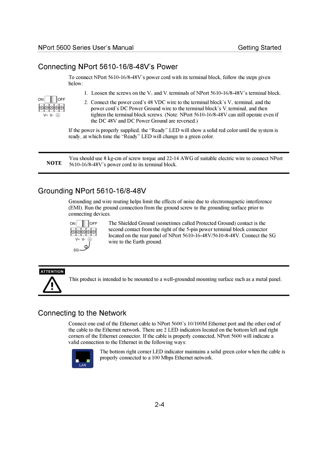 Moxa Technologies 5600 Connecting NPort 5610-16/8-48V’s Power, Grounding NPort 5610-16/8-48V, Connecting to the Network 