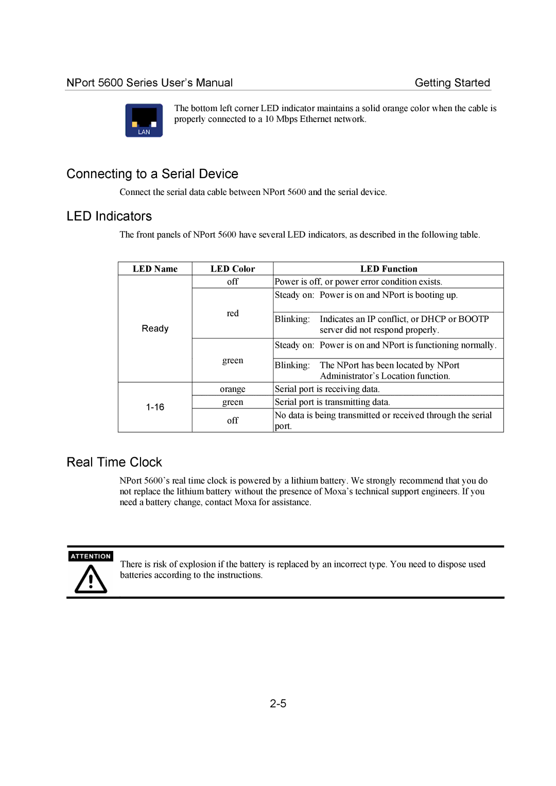 Moxa Technologies 5600 Connecting to a Serial Device, LED Indicators, Real Time Clock, LED Name LED Color LED Function 